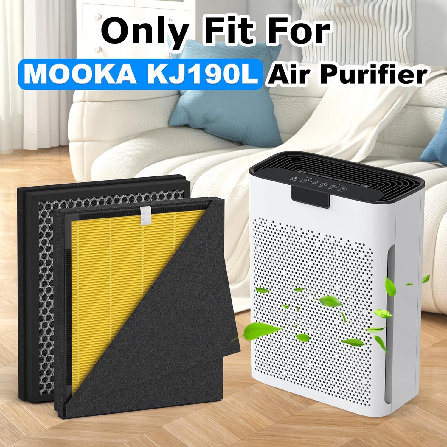 2 Pack KJ190L Filter Replacement Compatible with MOOKA KJ190L Air Purifier for Large Room, 2 Stage Filtration for Pollen Dust, 2 H13 HEPA Filters & 4 Washable PreFilters for Pets