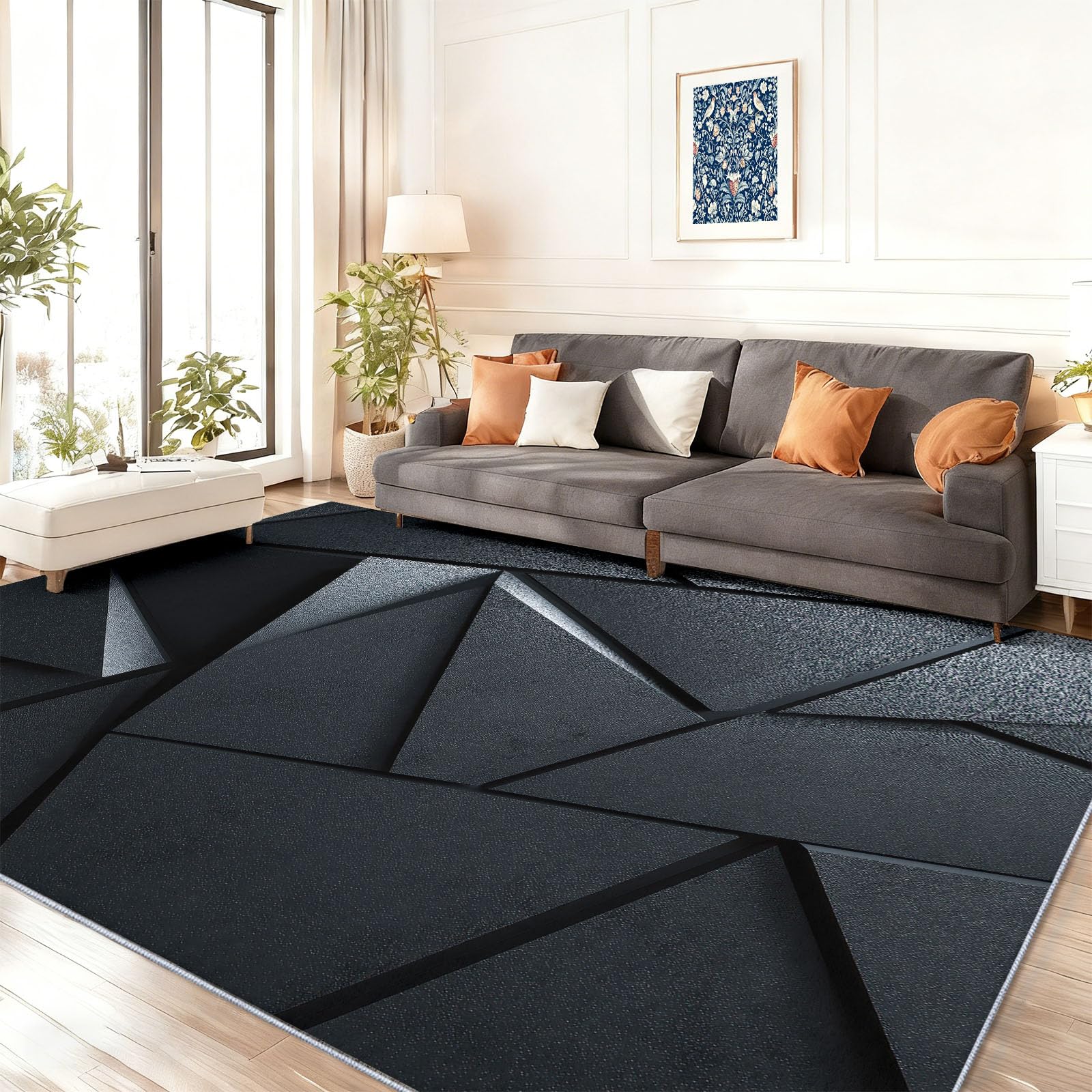Moderne Minimaliste Tapis en TPR Antidérapant, Lavable Tapis 120 x 170 cm Géométrique Métal Triangle, pour Salon ou Chambre Intérieur, Noir