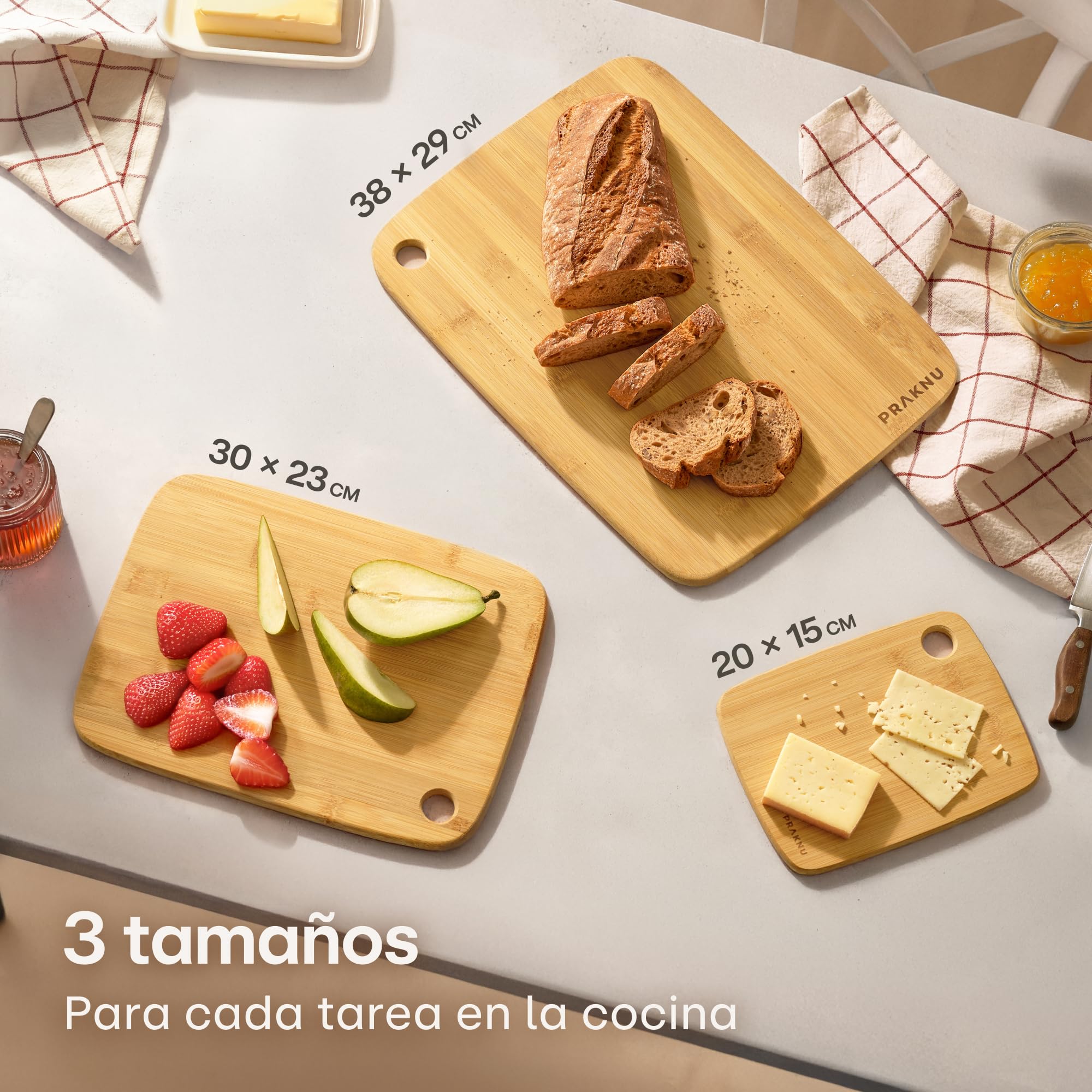Praknu Tabla De Cortar Cocina Madera Bambú - Juego De 3 Piezas - Versátil y Robusta - Bambú FSC® Sostenible Para Verduras, Carne Y Pan - Varios Tamaños