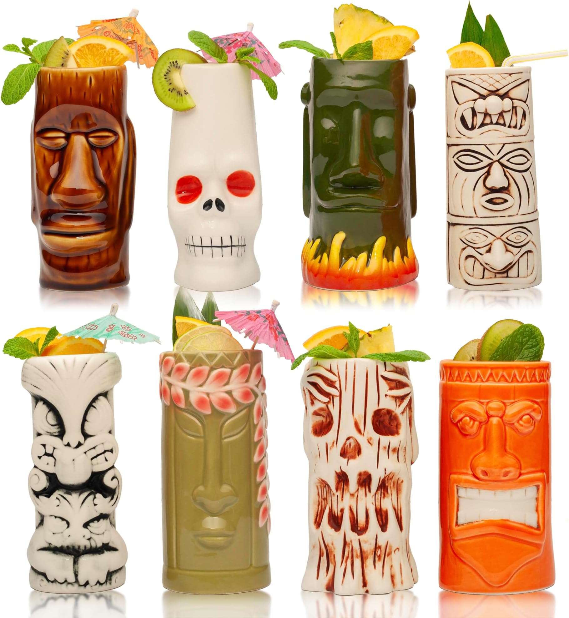 LEMONSODA Ceramic Hawaiian Tiki Glasses - Set of 8 - Tropical Drinkware Tiki Mugs for Cocktails, Barware & Luau Decor