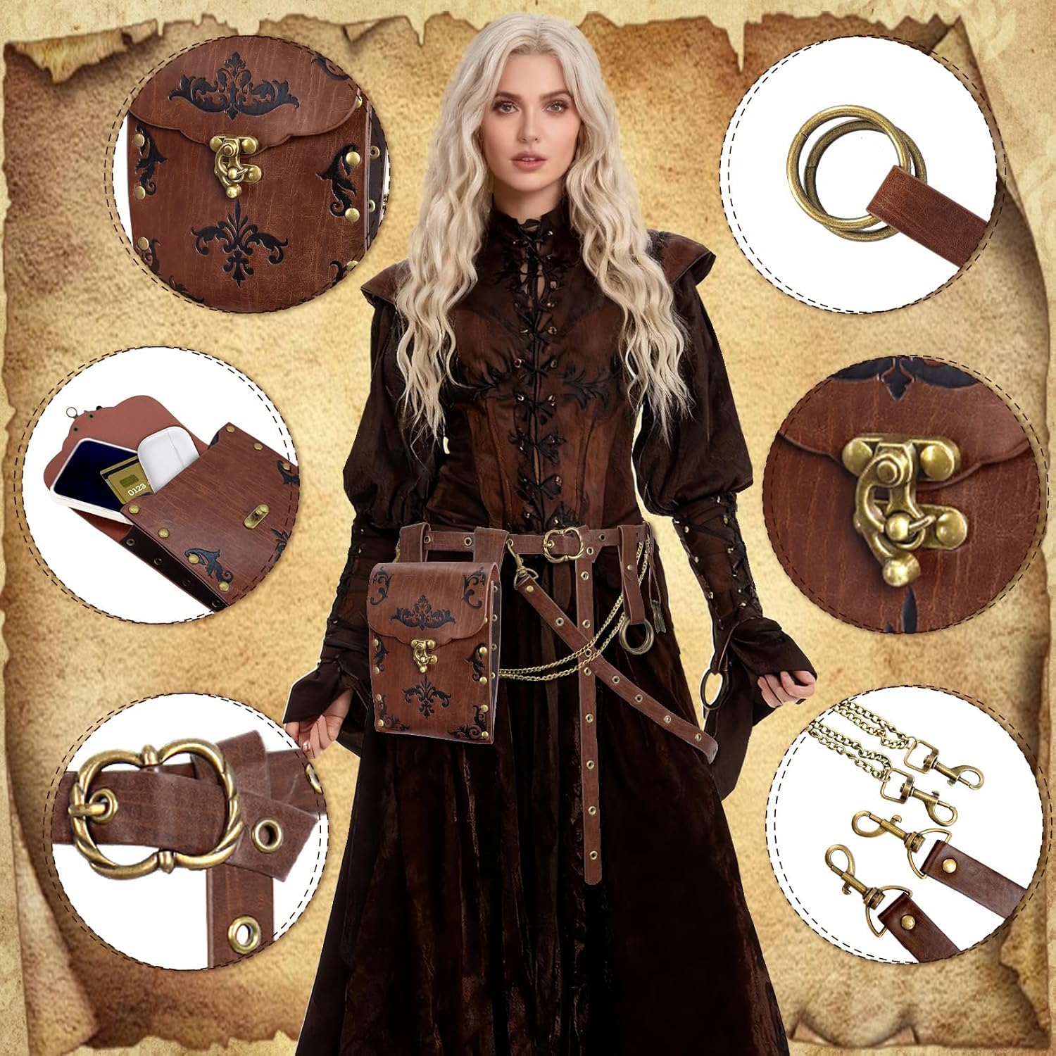 Renaissance Pirate Chain Belt Pouch Set - Medieval Costume Accessories Skirt Hike Faux Leather Waist Bag for Cosplay - Image 3