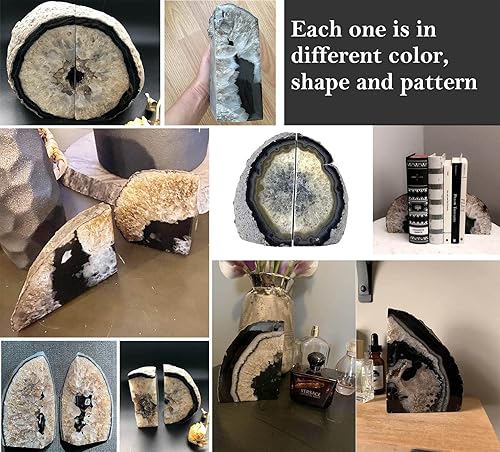 Miniatura 7 de AMOYSTONE Sujetalibros de ágata negra de geoda resistente con topes de goma (1 par, 2-3 libras)