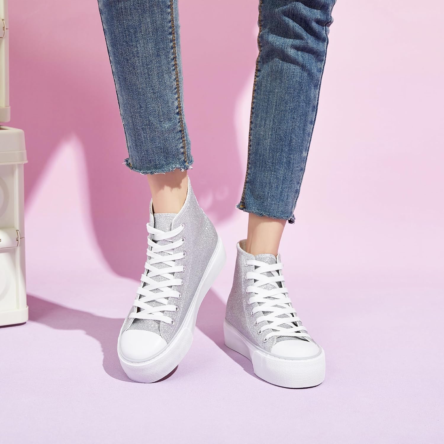 ALTOCIS Glitter Platform Fashion Sneakers,Sparkly Bling Mid Calf Sneaker for Women,Cute Comfortable Platform High Top Sneakers
