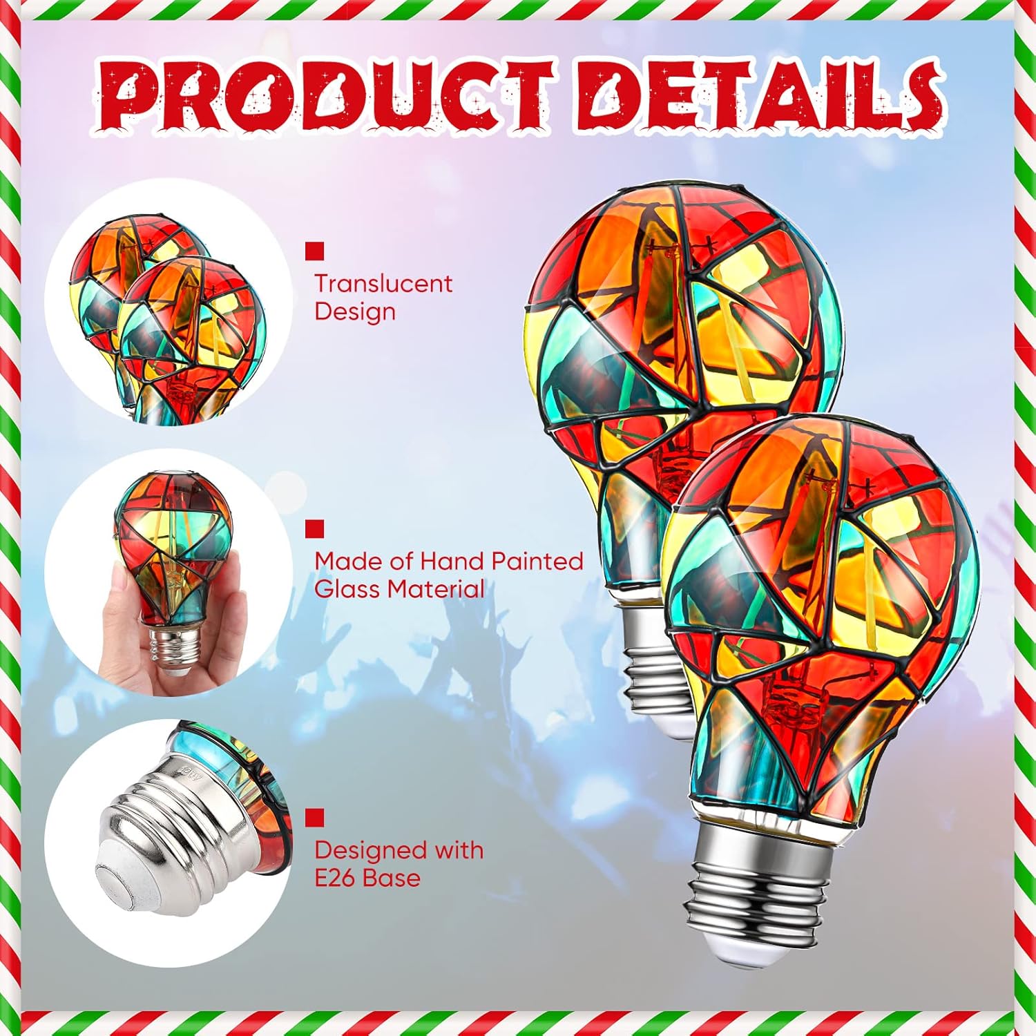 Tarpop 6 Pack Stained Glass Light Bulbs A19 2w (25w Equivalent) E26 Base Rainbow Painted Lightbulb LED Mosaic Stained Glass Lightbulb Multi Colored Colorful Light Bulbs for Home Party Decoration