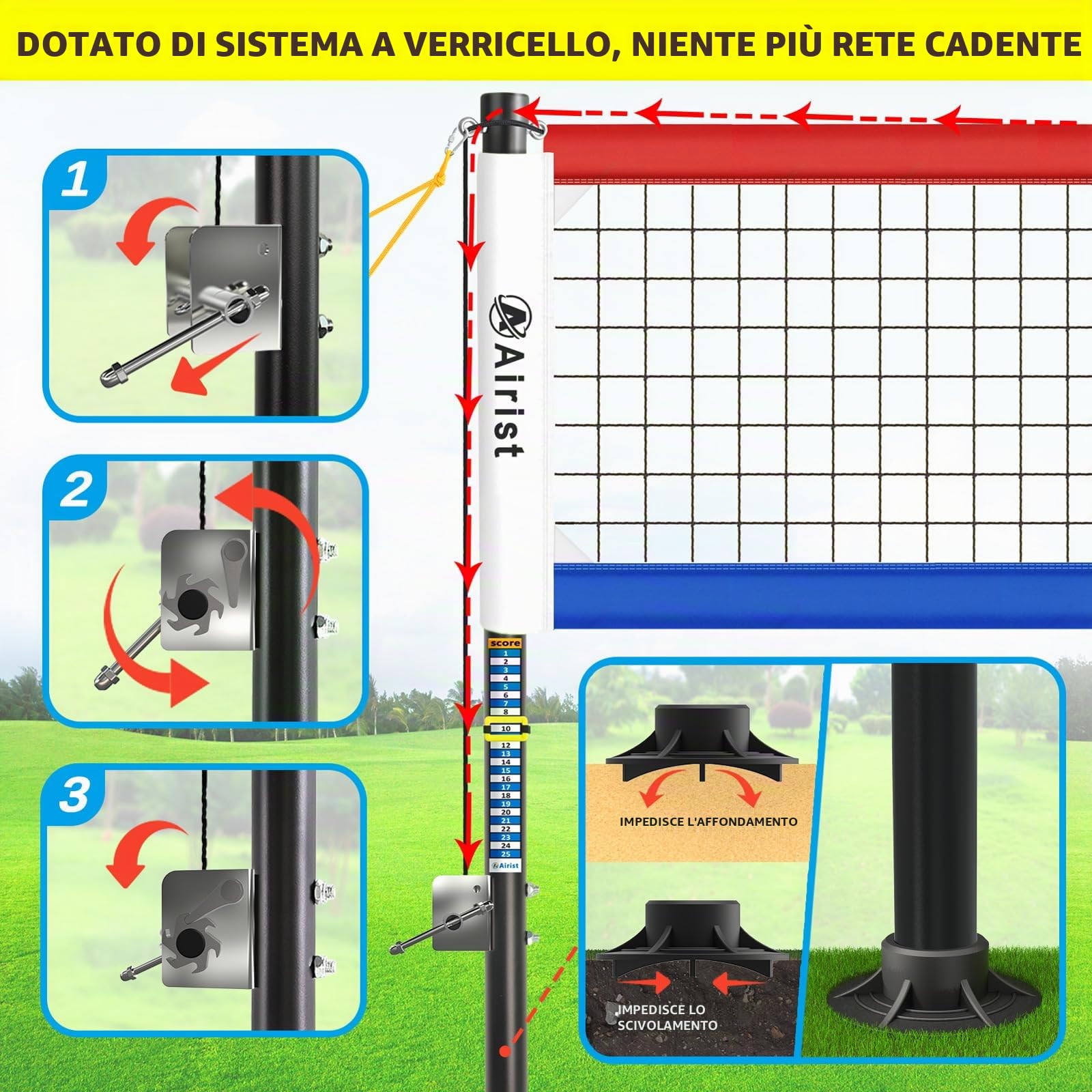 Rete da pallavolo resistente per esterni con sistema anti-abbassamento in acciaio, pali in alluminio regolabili, set di reti da pallavolo professionali per cortile e spiaggia, pallavolo e borsa