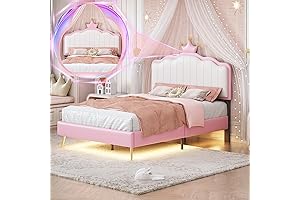 TWIN PRINCESS BED FRAME: Luxurious Upholstered Bed Frame with Under-Bed LED Lights...