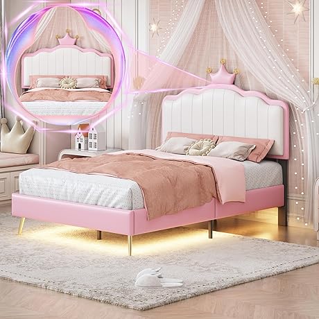 TWIN PRINCESS BED FRAME: Luxurious Upholstered Bed Frame with Under-Bed LED Lights...