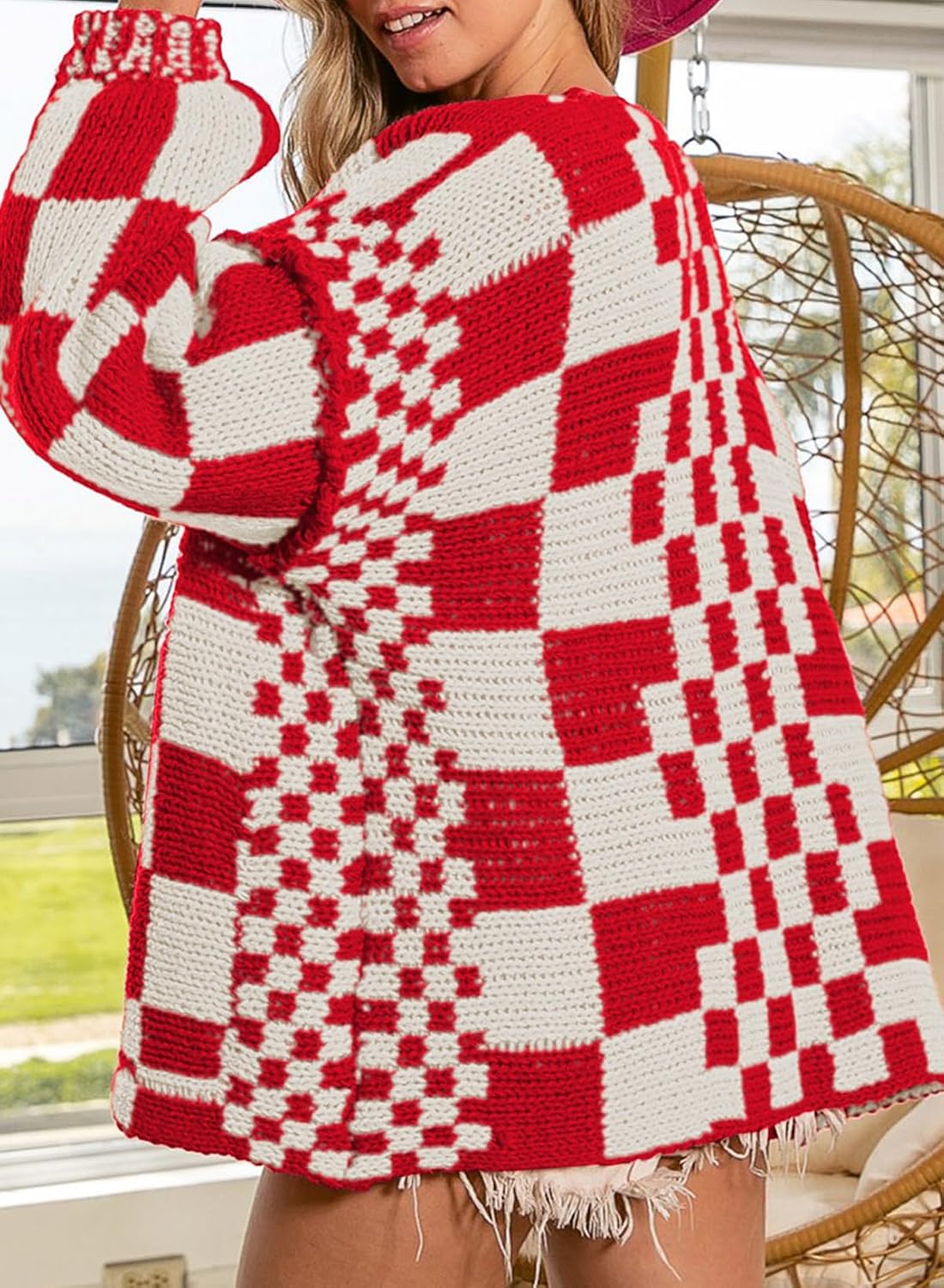 SELINK Women's Cardigan Sweater Vintage Open Front Mixed Checkered Pattern Chunky Knit Plaid Long Sleeve Daily Outwear - Image 3