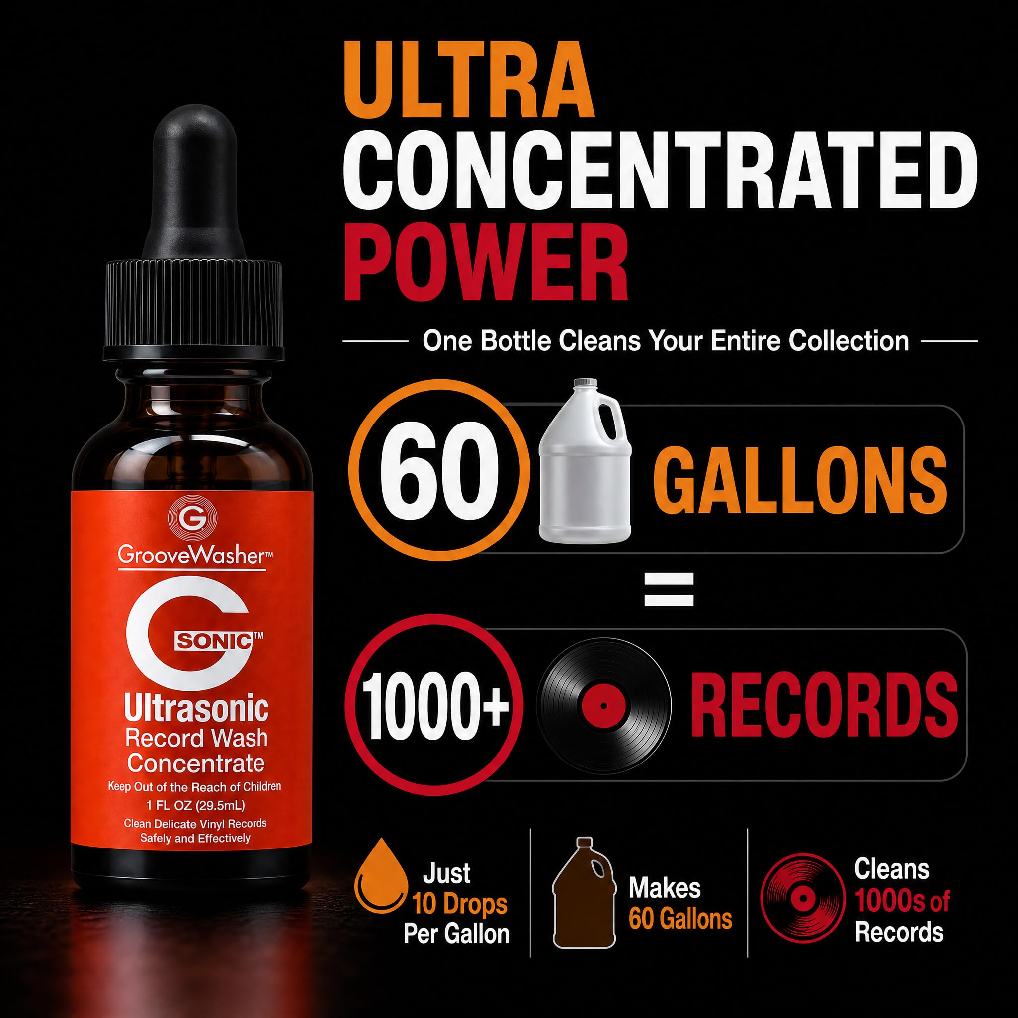 GrooveWasher G-Sonic - Detergente concentrato per dischi in vinile ad ultrasuoni, detergente professionale per dischi in vinile, compatibile con macchine per la pulizia dei dischi, detergente sicuro