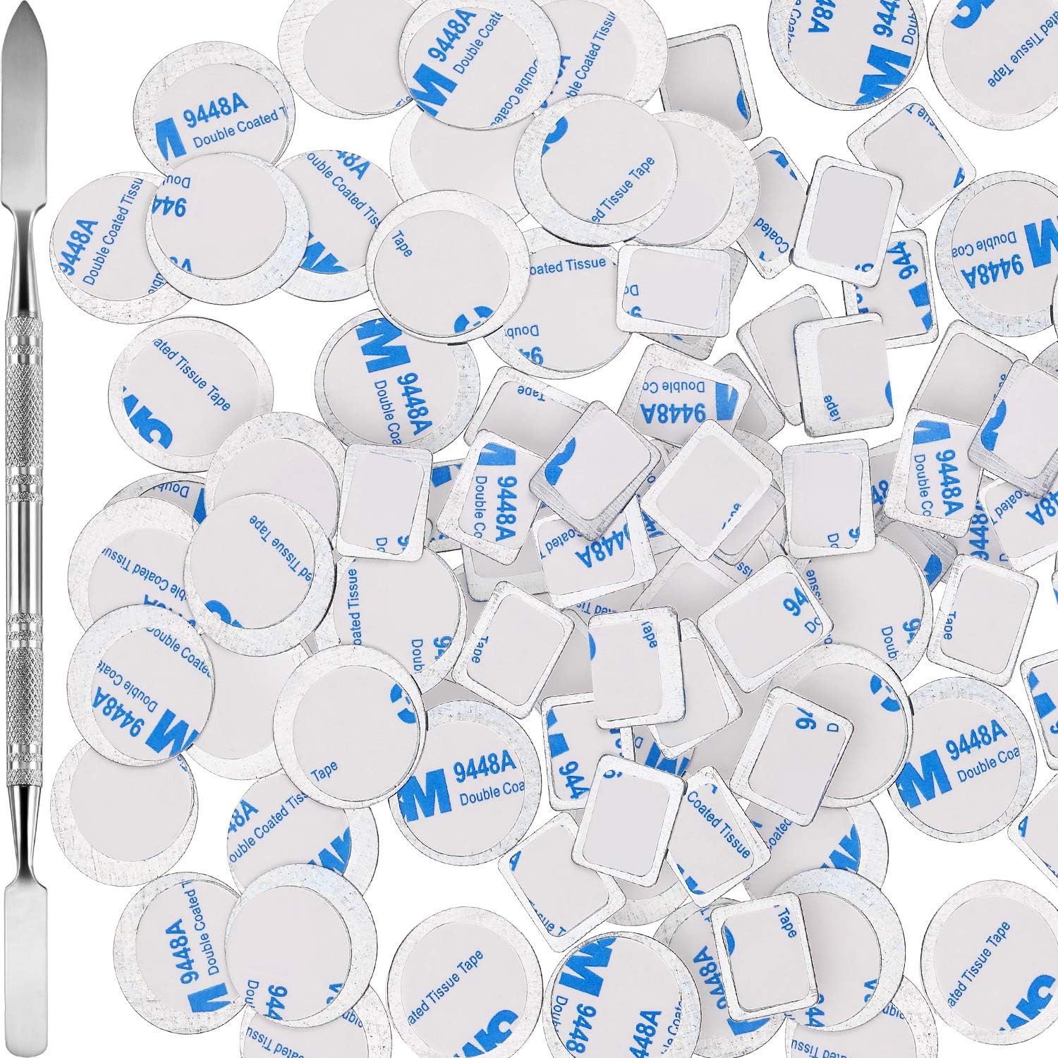 Sumind 101 pack Metal Stickers for Eyeshadow Palette Set, Includes 1 Makeup Depotting Tool, 50 Pieces Square Adhesive Empty Metal Stickers and 50 Pieces Round Makeup Colorful Palette Sticker