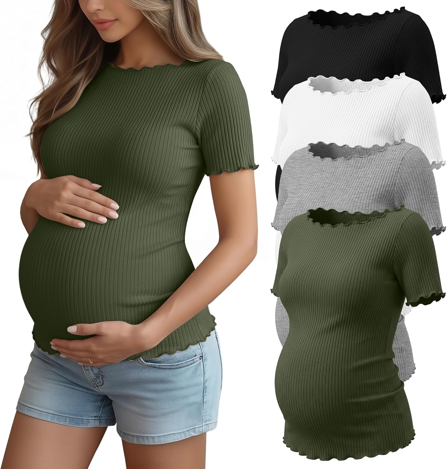 4 Pack Women's Maternity Ribbed Shirts Pregnancy Knit Short Sleeve Tops Boat Neck Lettuce Trim Summer Mama Clothes