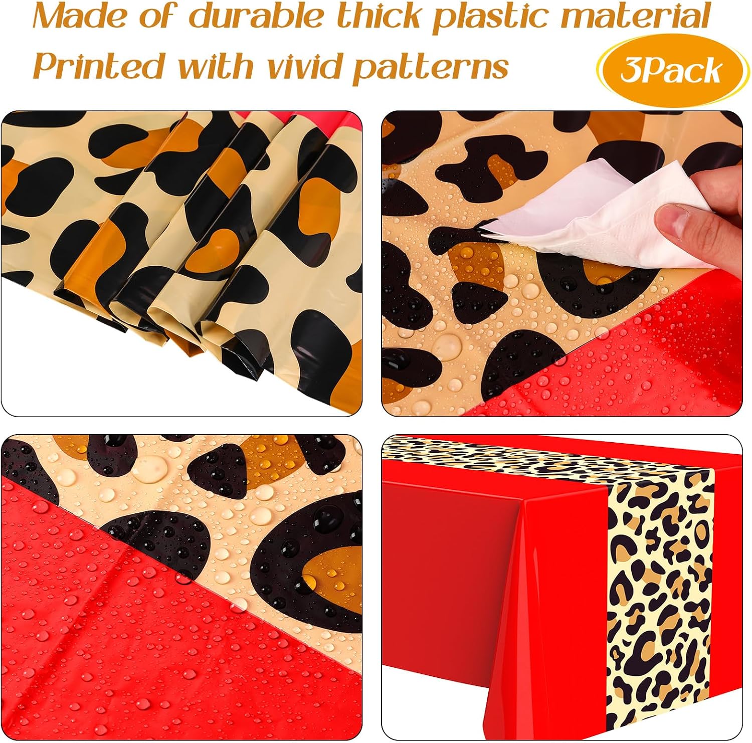 Buryeah 3 Pcs 54 x 108'' Plastic Disposable Leopard Tablecloth, Red