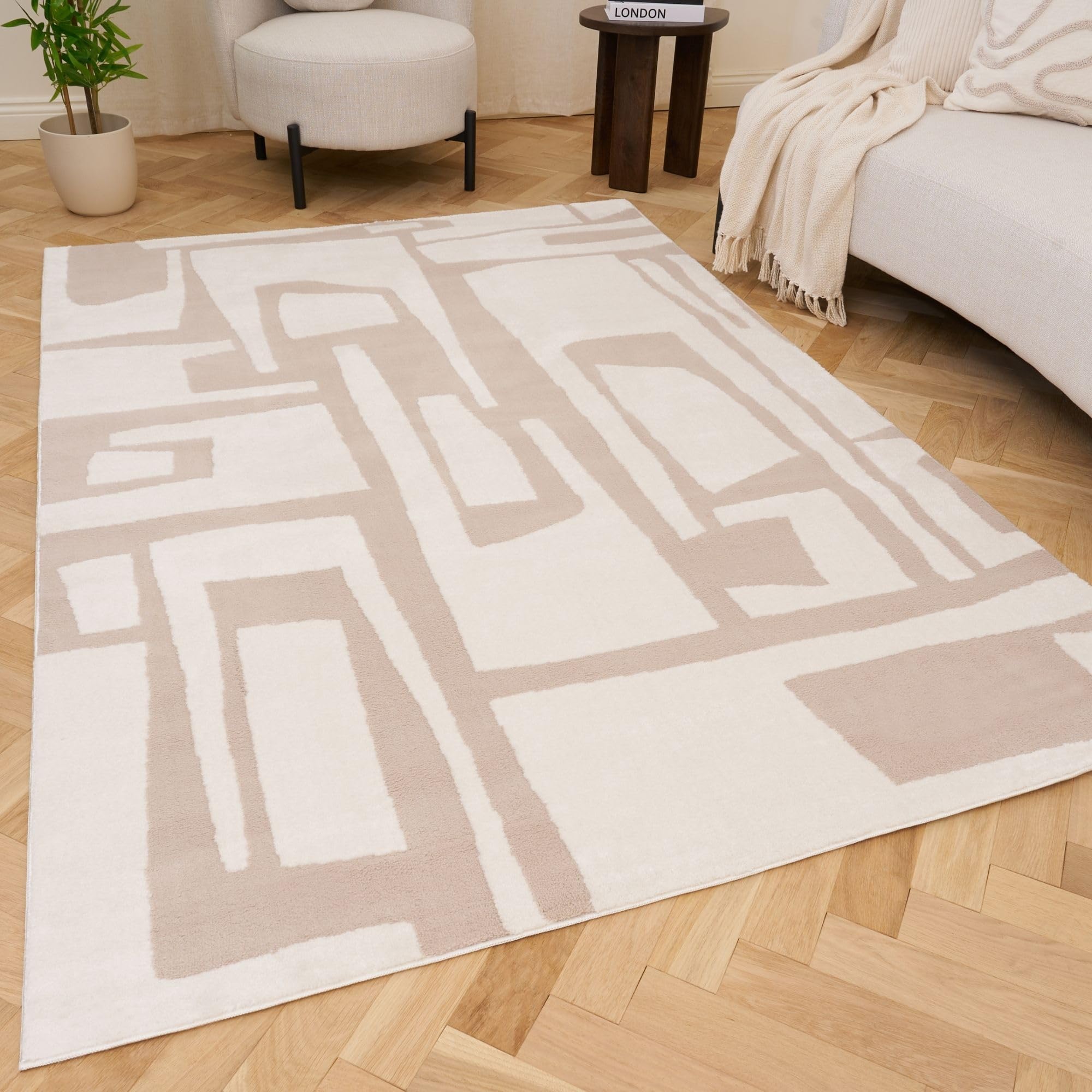 THE RUGS Living Room Rug, Loft Collection – Modern Textured 14mm Soft Pile Area Carpet, Non-Shedding & Easy Care [ Abstract Beige, 240x340 cm]