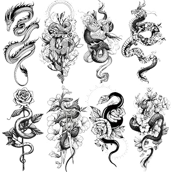 8 Sheets Waterproof Arm Leg Fake Body Art Temporary Tattoo Dragon Snake Cross Rose Flower