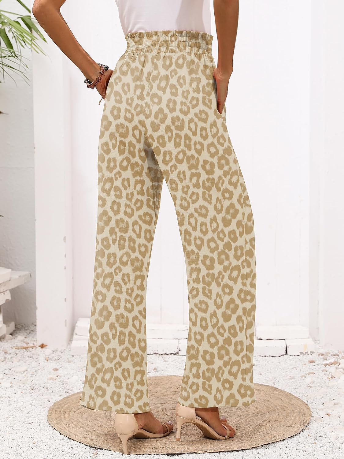  Women's Wide Leg Lounge Pants Lightweight High Waisted Adjustable Tie Knot Loose Fit Trousers with Pockets thumbnail