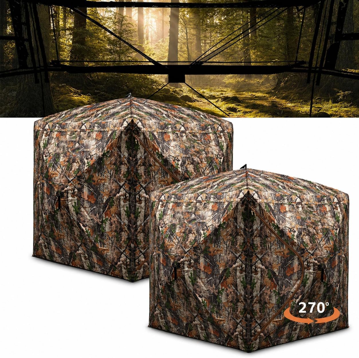 FUNHORUN Hunting Blind 270/360 Degree See Through Ground Blind，2/3 Person Soft Material Pop-Up Camouflage Tent，Easy-Fold Portable Concealed Shelter with Carrying Bag