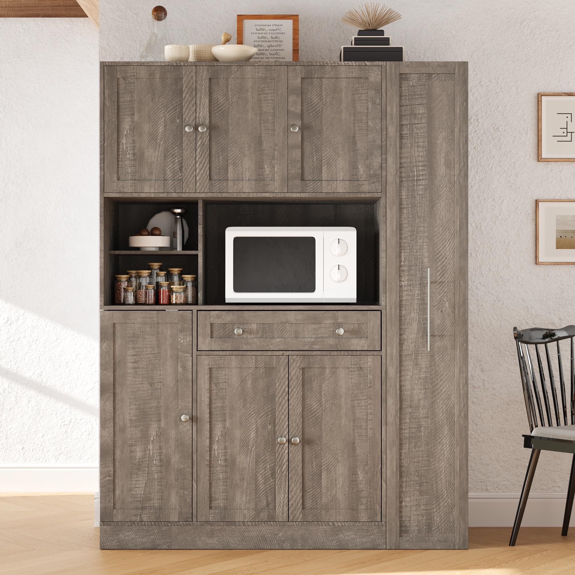Photo 1 of Ball & Cast 70" Farmhouse Kitchen Pantry Cabinet with Hutch, Large Buffet Cabinet with 7-Tier Pull-Out Side Storage, 6 Doors, Drawer, Adjustable Shelves, Freestanding Coffee Bar & Cupboard, Brown