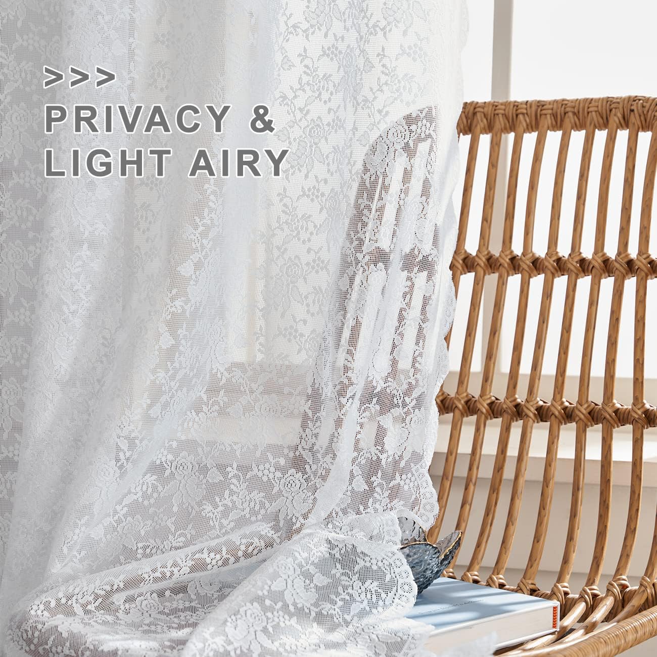 FINECITY White Lace Curtains 108 Inch Length - Vintage Rose Floral Lace Curtains for Living Room, Light Filtering and Privacy White Sheer Curtains 2 Panels, 52 x 108 Inch, White