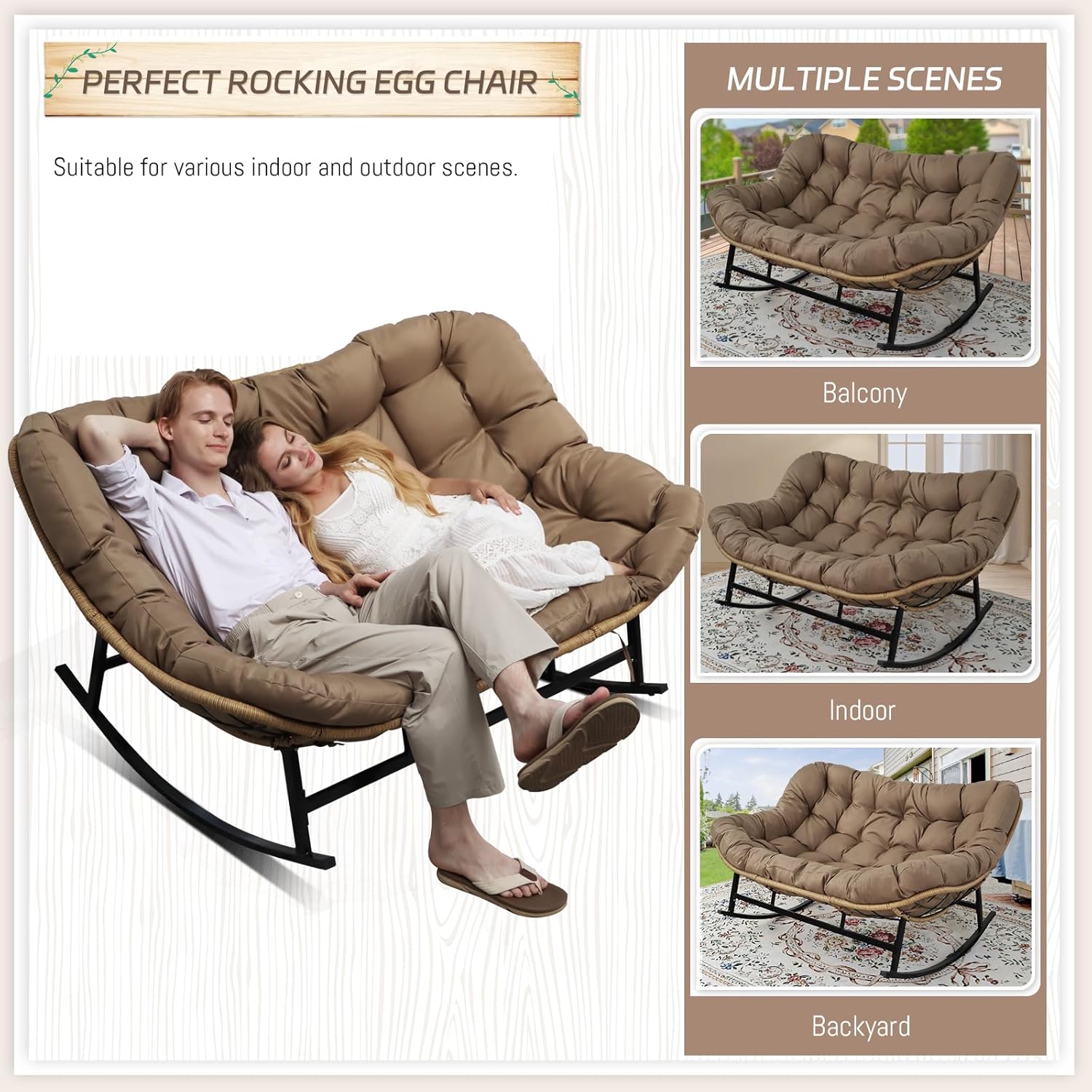 BULEXYARD Double Papasan Rocking Chair Outdoor, 2 Person Oversized Wicker Patio Egg Rocking Chair with Cushion, Heavy Duty Comfy Loveseat for Balcony, Porch, Garden (Brown, 2 Seats w/Ottoman)