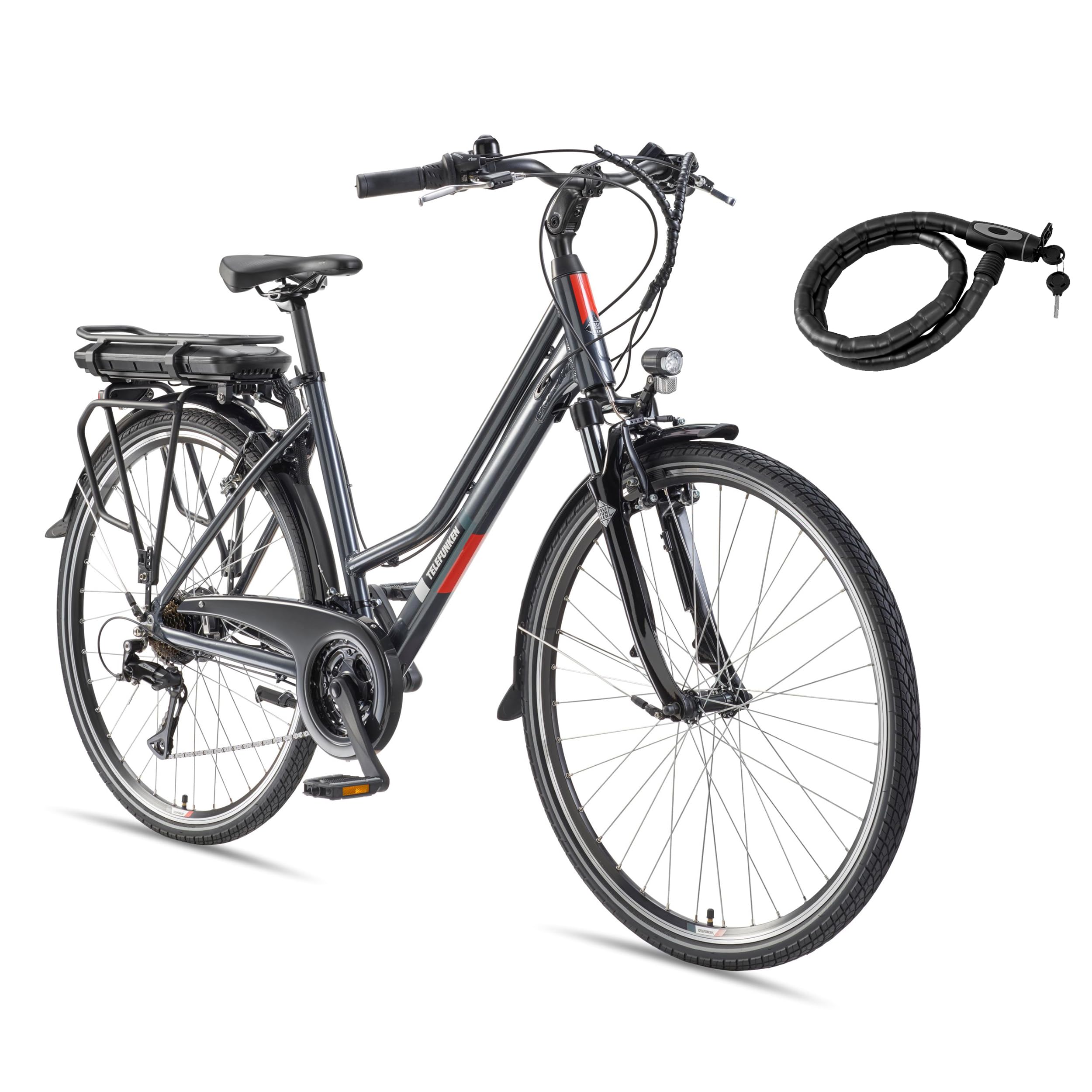 TELEFUNKEN E-Bike Damen 28 Zoll Trekking-Fahrrad | 21-Gang Kettenschaltung | Elektrofahrrad mit 250W Hinterradmotor und 536,5 Wh Li-Ion Akku | Pedelec mit V-Bremsen | inkl. Panzerkabelschloss | XT485