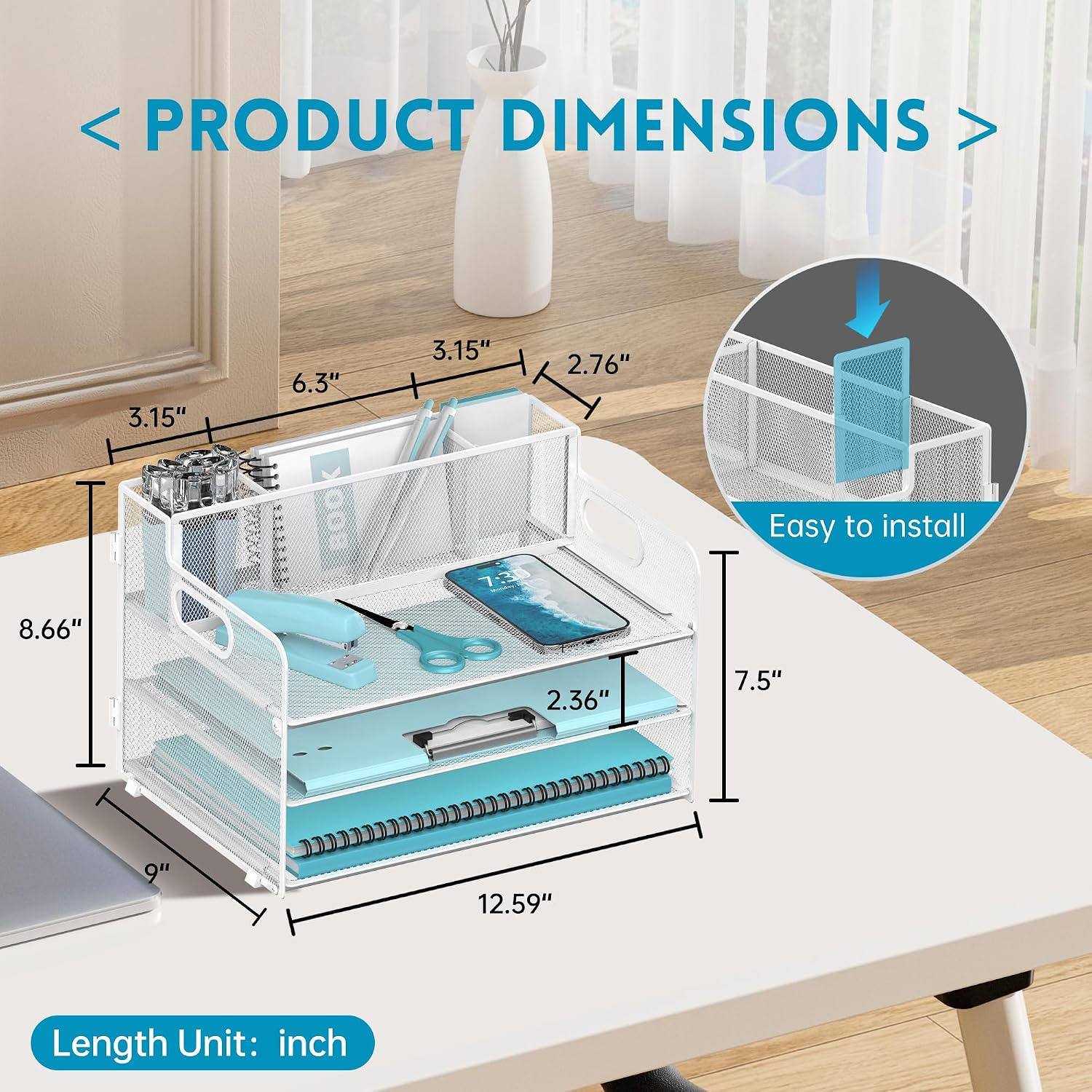 3 Tier Desk Organizer with Pen Holder Mesh Paper Trays with Handle White image 3