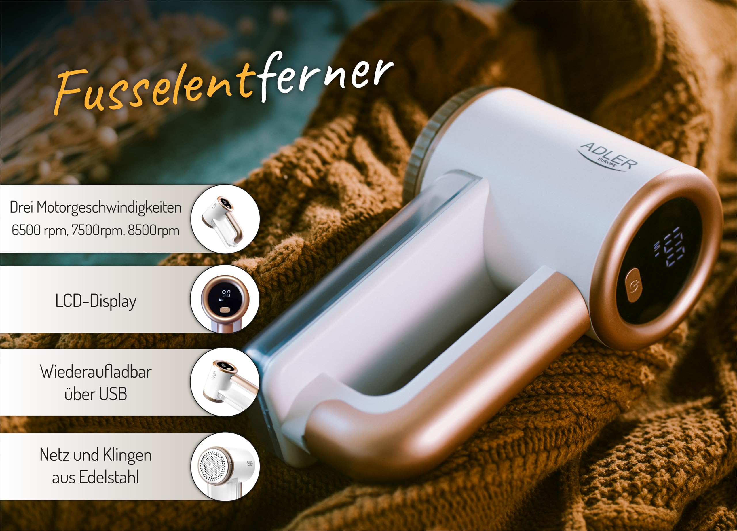 ADLER EUROPE AD9617 Rasoio elettrico per vestiti, tessuti, maglioni, display LCD, 3 velocità, lama in acciaio inox, a batteria