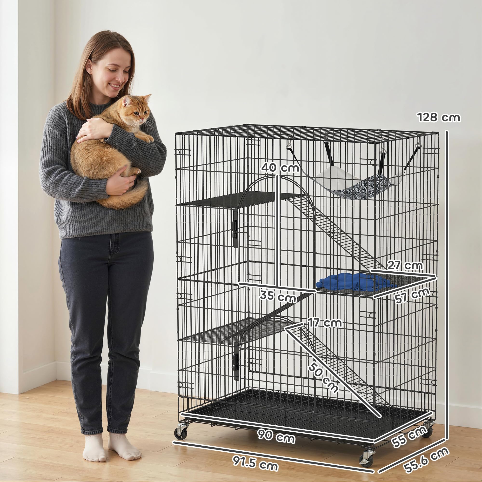 PawHut Gabbia per Gatti Grande 4 Livelli con Ruote, Recinto per Gatti da Esterno ed Interno in Metallo, Vassoio Estraibile, Amaca, Letto, Rampe, Piattaforme, per 1-2 Gatti, Scoiattoli Cincillà, Nero
