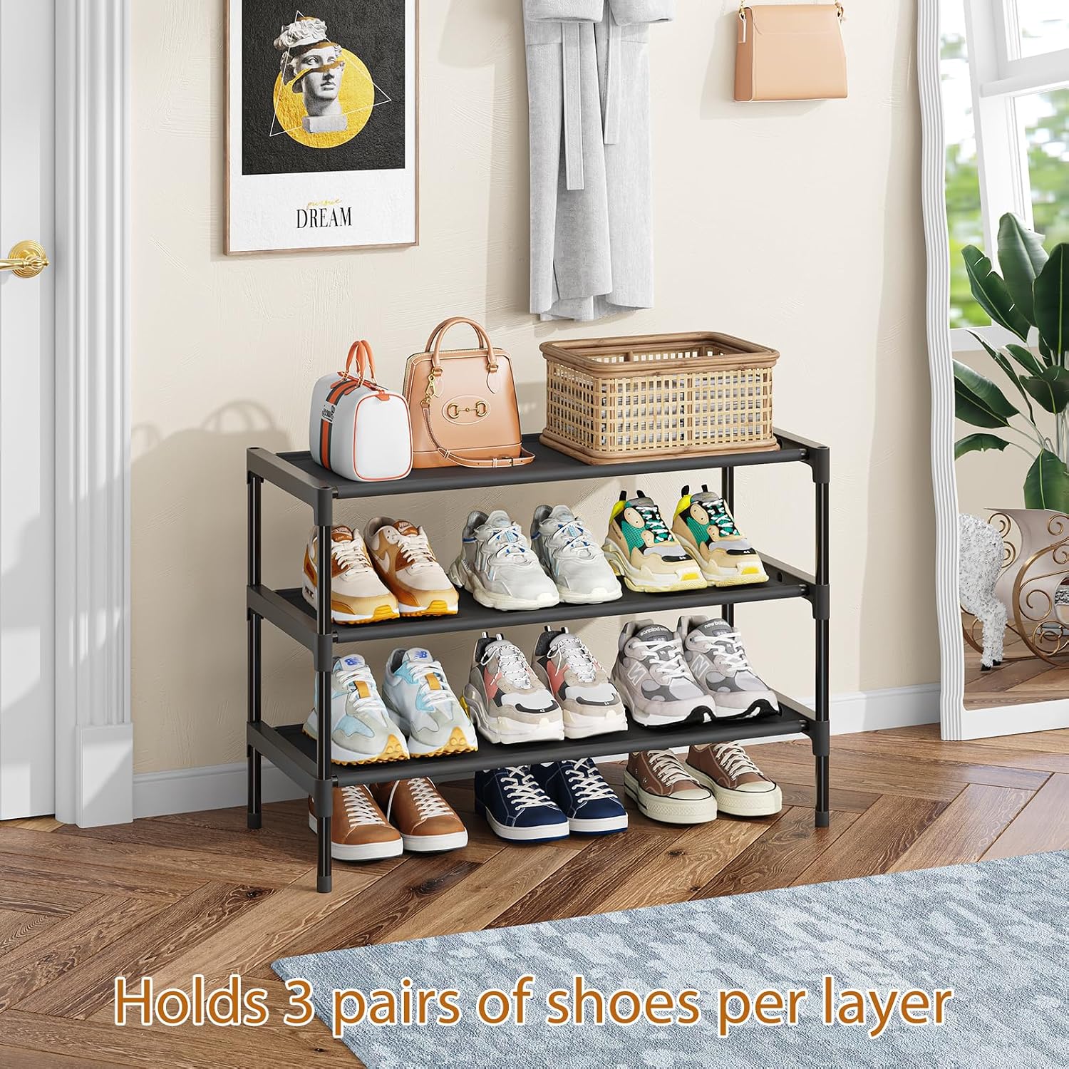 Simple Trending 3-Tier Shoe Rack, Shoe Organizer, 27.5" Wide, Black
