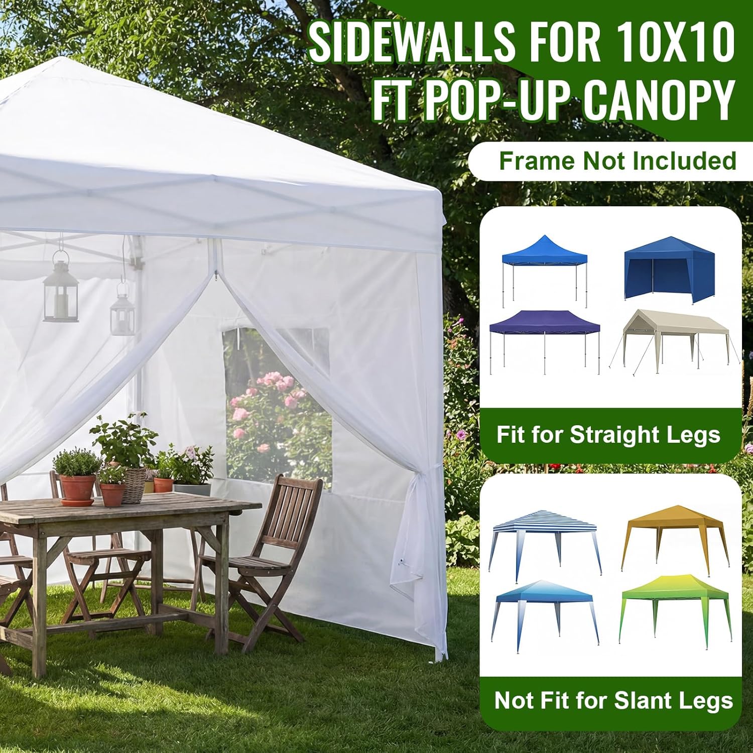 4 Pcs Canopy Sidewalls for 10x10 Pop up Canopy with Mesh Zipper Door & 2 Roll-up Ventilated Windows, Waterproof & Mesh Insect Protection for Outdoor (White, Sidewalls Only)