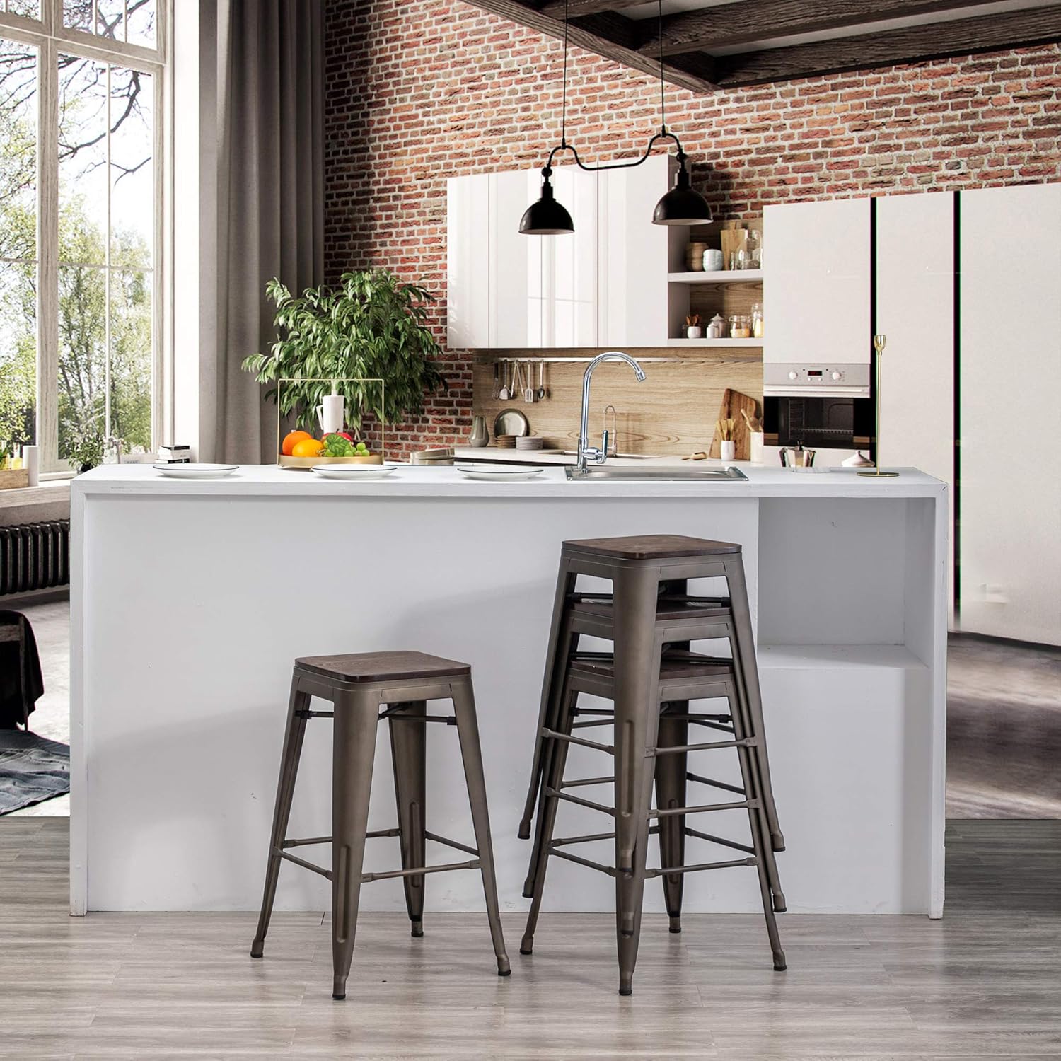 Yongchuang 24" Metal Counter Height Bar Stools Set of 4 Stackable Backless Barstools with Wood Top Gunmetal