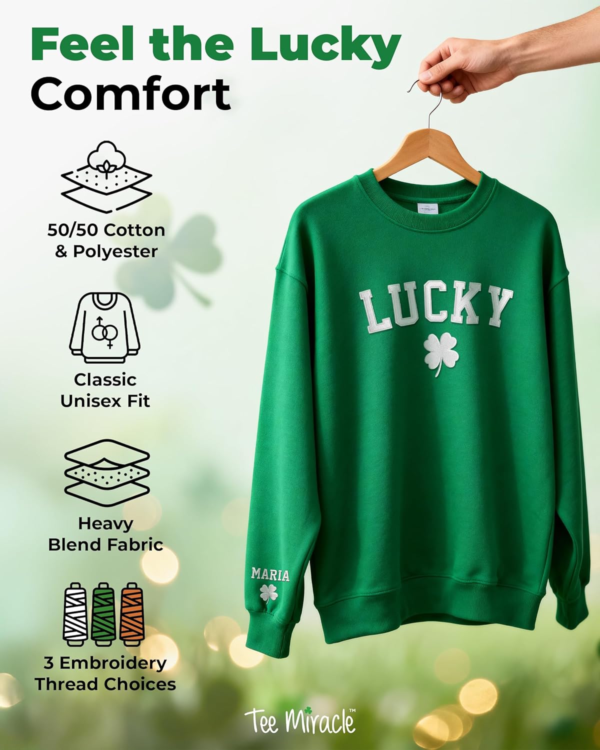 Tee Miracle Custom St Patrick's Day Embroidered Sweatshirt, Personalized Four Leaf Clover T-Shirt,Lucky Shamrock Irish Outfit - Image 3