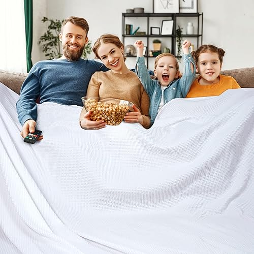 Miniatura 50 de PHF Manta de algodón prelavado con tejido de gofre tamaño throw para sofá cama, a prueba de enganches, para primavera y verano, ligera