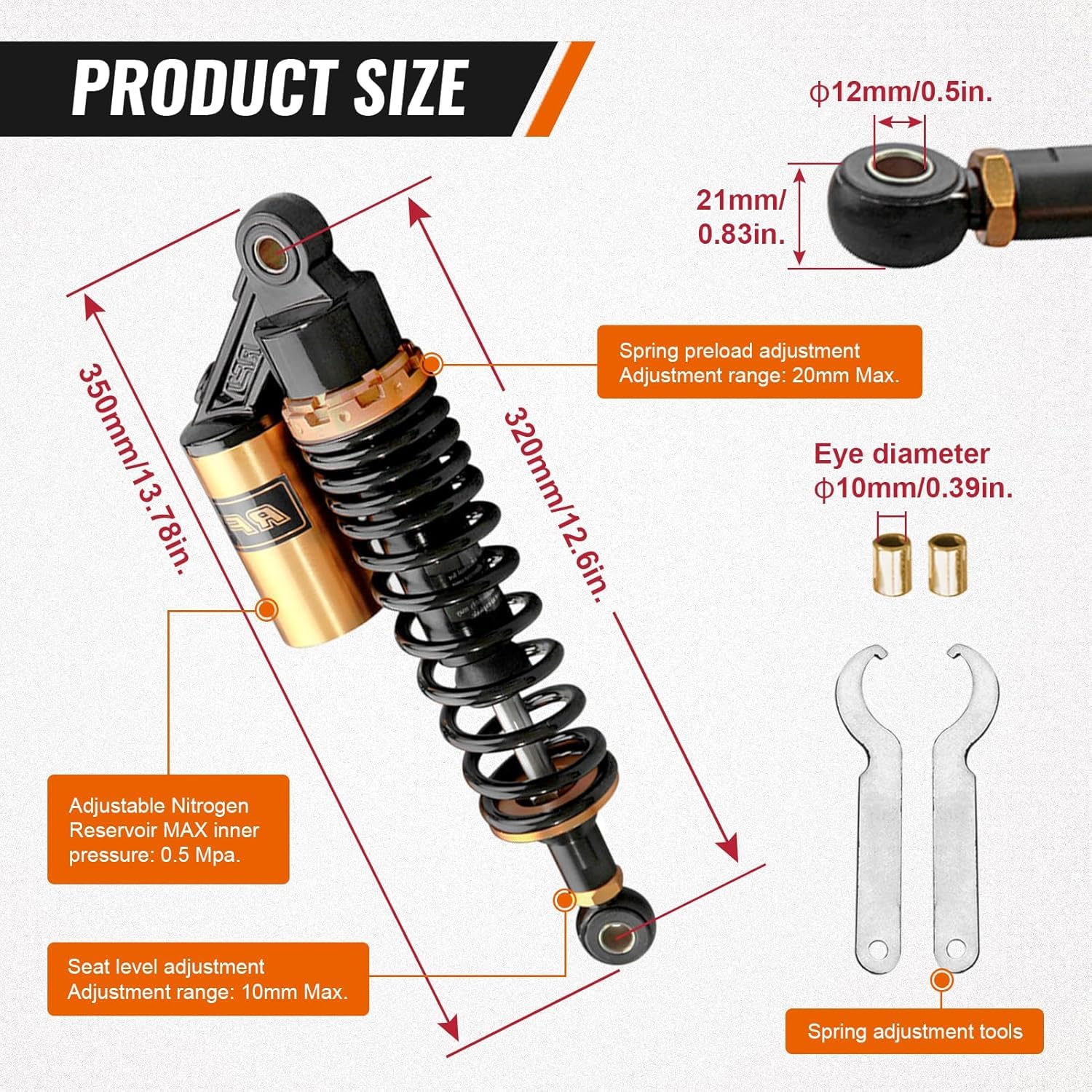 Ammortizzatore ATV Quad Hegeiisy 320mm 12.5 Pollice 7mm Molla Universale Moto Ammortizzatori Posteriore Sospensione ATV Quad Scooter Dirt Bike Per