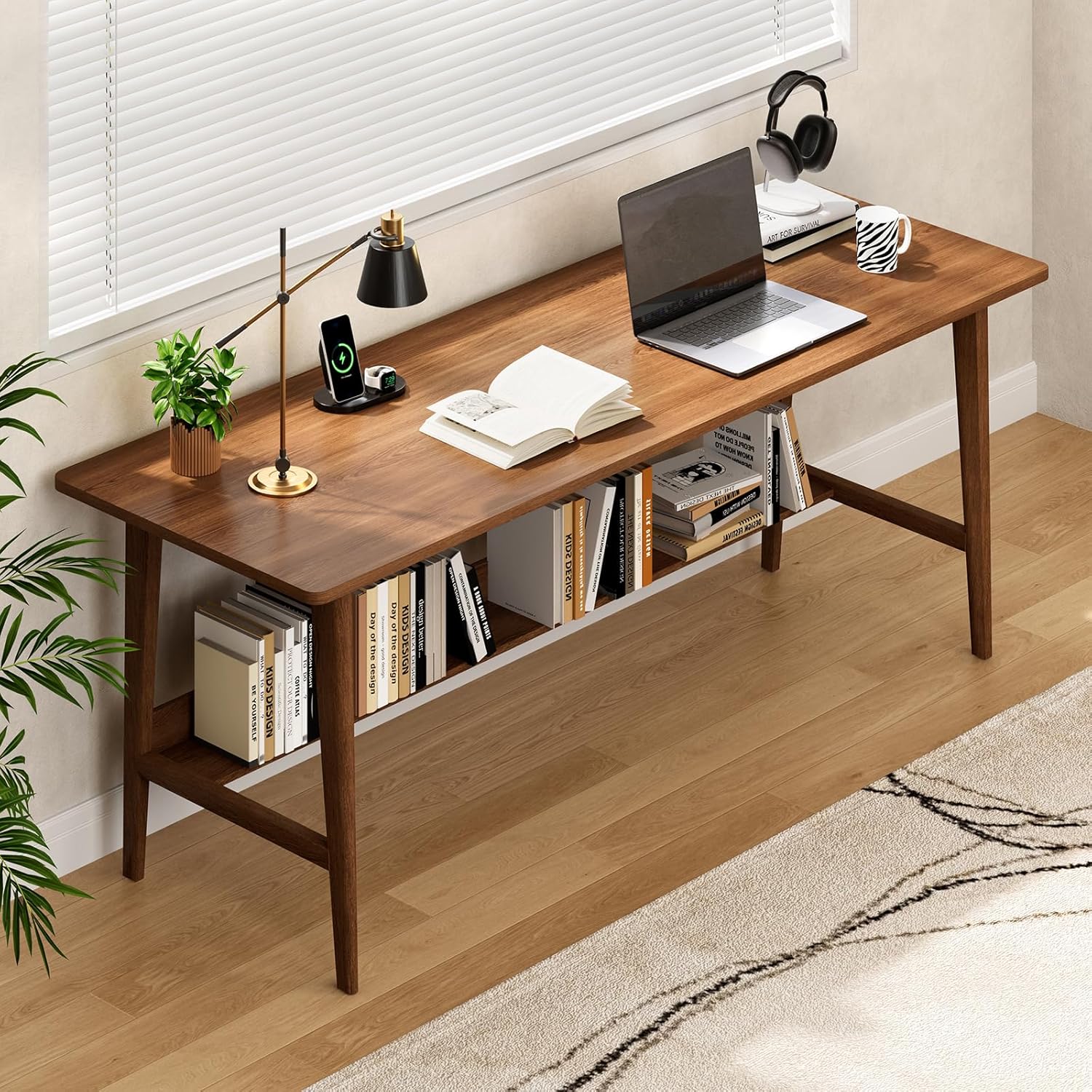 63 Inch Computer Desk, Large Home Office Desk with Storage Shelf, Solid Wood Long Writing Desk for Study, Workstation Table for Home Office, Study Room (Walnut)