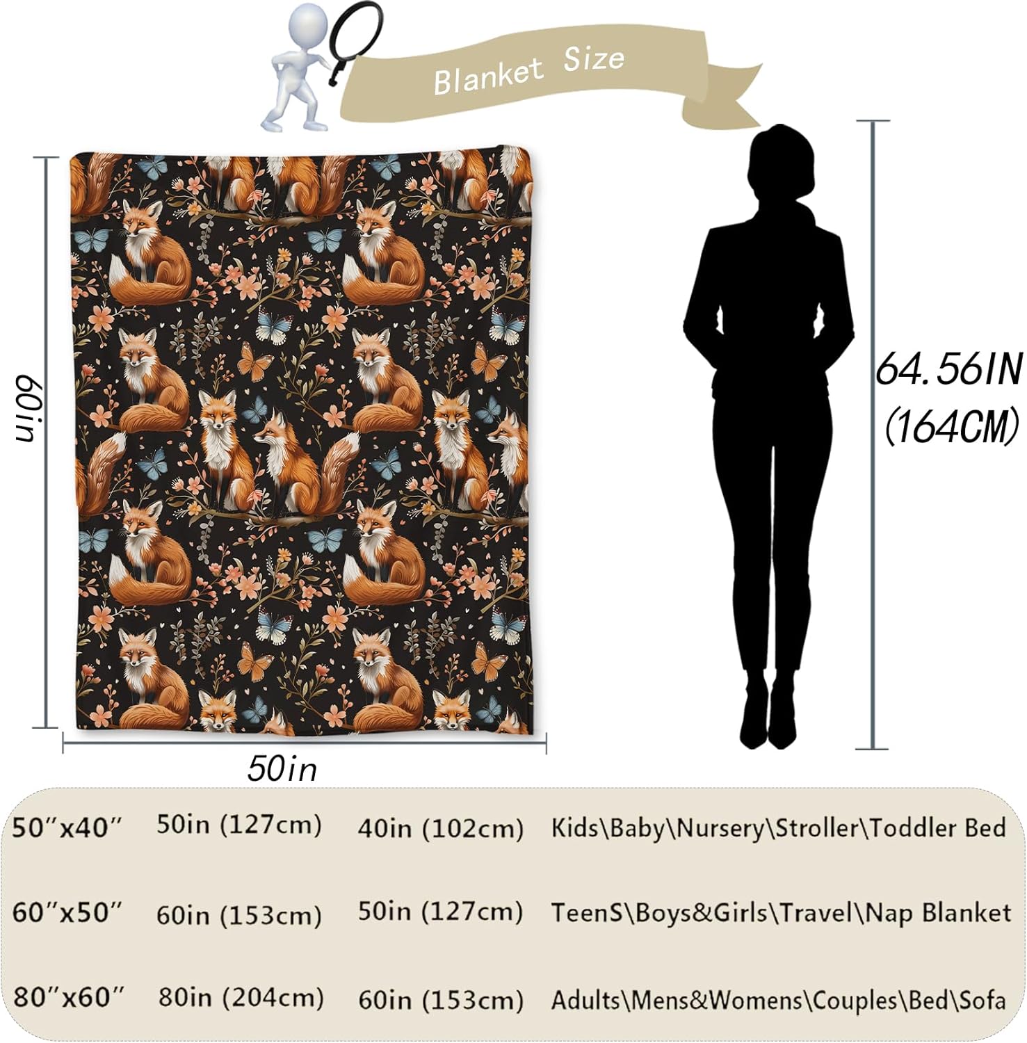 Fox with Floral Blanket, Soft Warm Lightweight Animal Flannel Throw Blanket for Couch, Bed, Travel & Outdoor, Cozy Fluffy Fuzzy Blankets for Adults Kids, Home Decor 60×50 in - Image 3