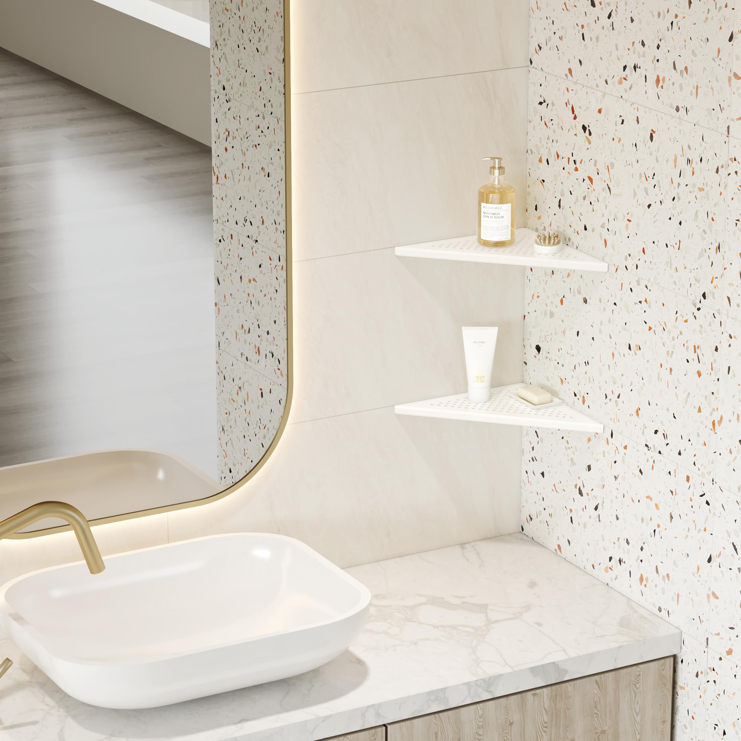 Neodrain Estantería esquinera de acero inoxidable 304, cesta de ducha blanca para baño, cocina, 2 unidades