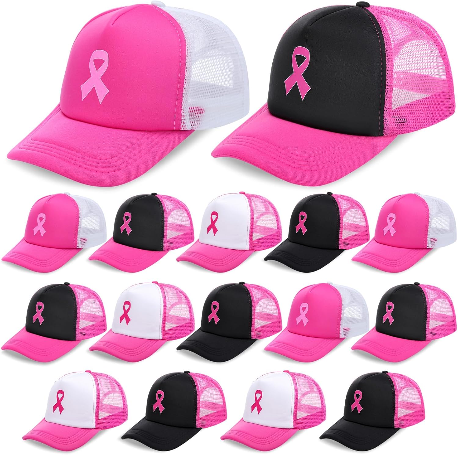 16 Packs Breast Cancer Awareness Trucker Hats Bulk Pink Ribbon Adjustable Cap Mesh Baseball Caps for Women Men