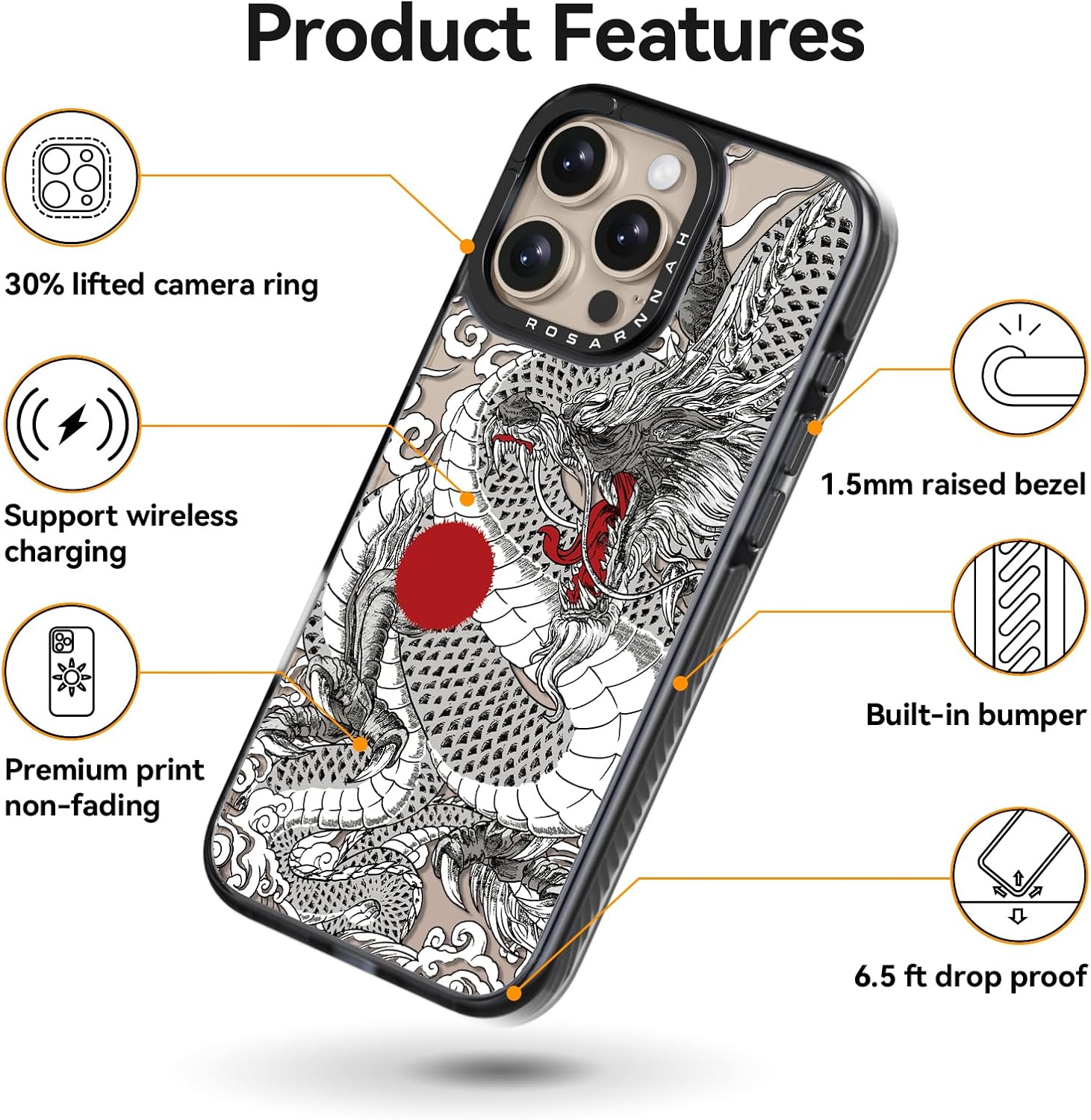 Rosarnnah Compatible for iPhone 16 Pro Max case Cute - Durable Shockproof 6.6 ft Drop Impact Phone Case - Black Funny Chinese Dragon Design for iPhone 16 Pro Max 6.9"