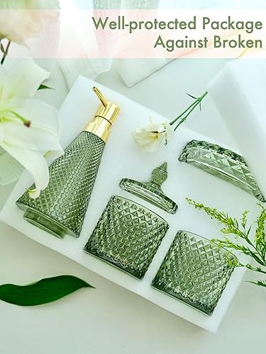 Miniatura 5 de Juego completo de accesorios de baño verdes, 4 piezas de vidrio transparente con dispensador de jabón, jabonera, soporte para cepillos de dientes,