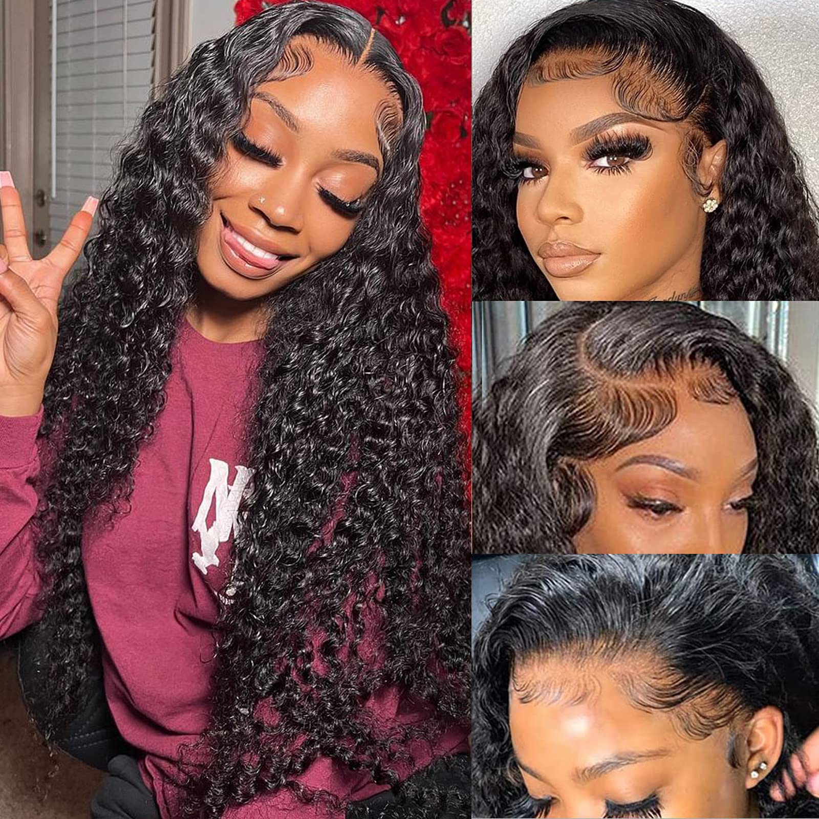 13x4 Lace Front Wig Human Hair Drawstring Water Wave Curly Pre-Plucked Bleached PreMax 180% / 250% Density Water Wave Glueless Flexi-Fit  main image 2