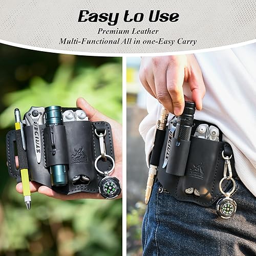 Miniatura 5 de FLYHOMES - Funda multiherramienta de cuero de vaca genuina de grano completo  Organizador de cinturón cosido hecho a mano para Leatherman, linterna,