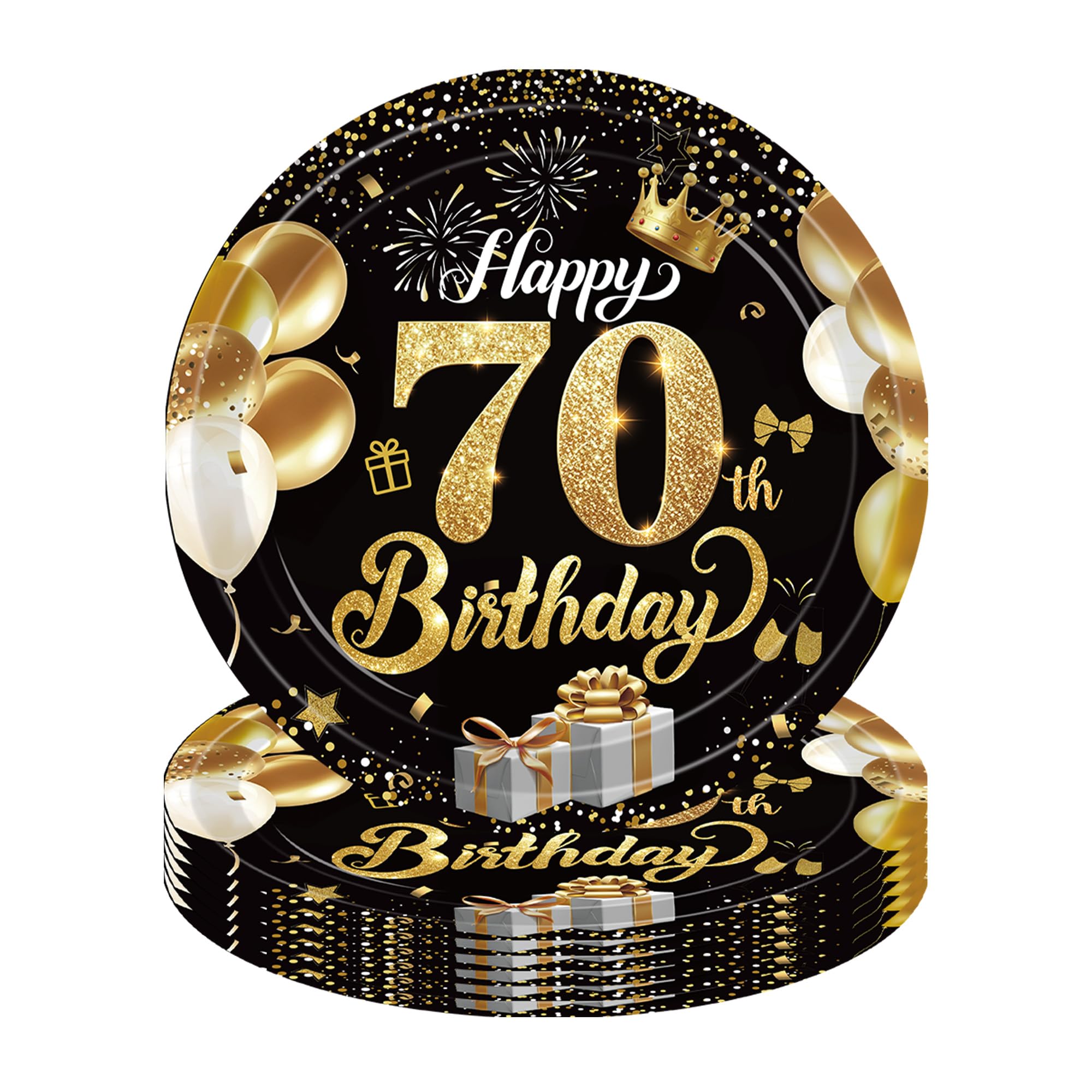 YESAH 70th Black Gold 9 Inch Birthday Paper Plates 16 Pack Party Dinnerware