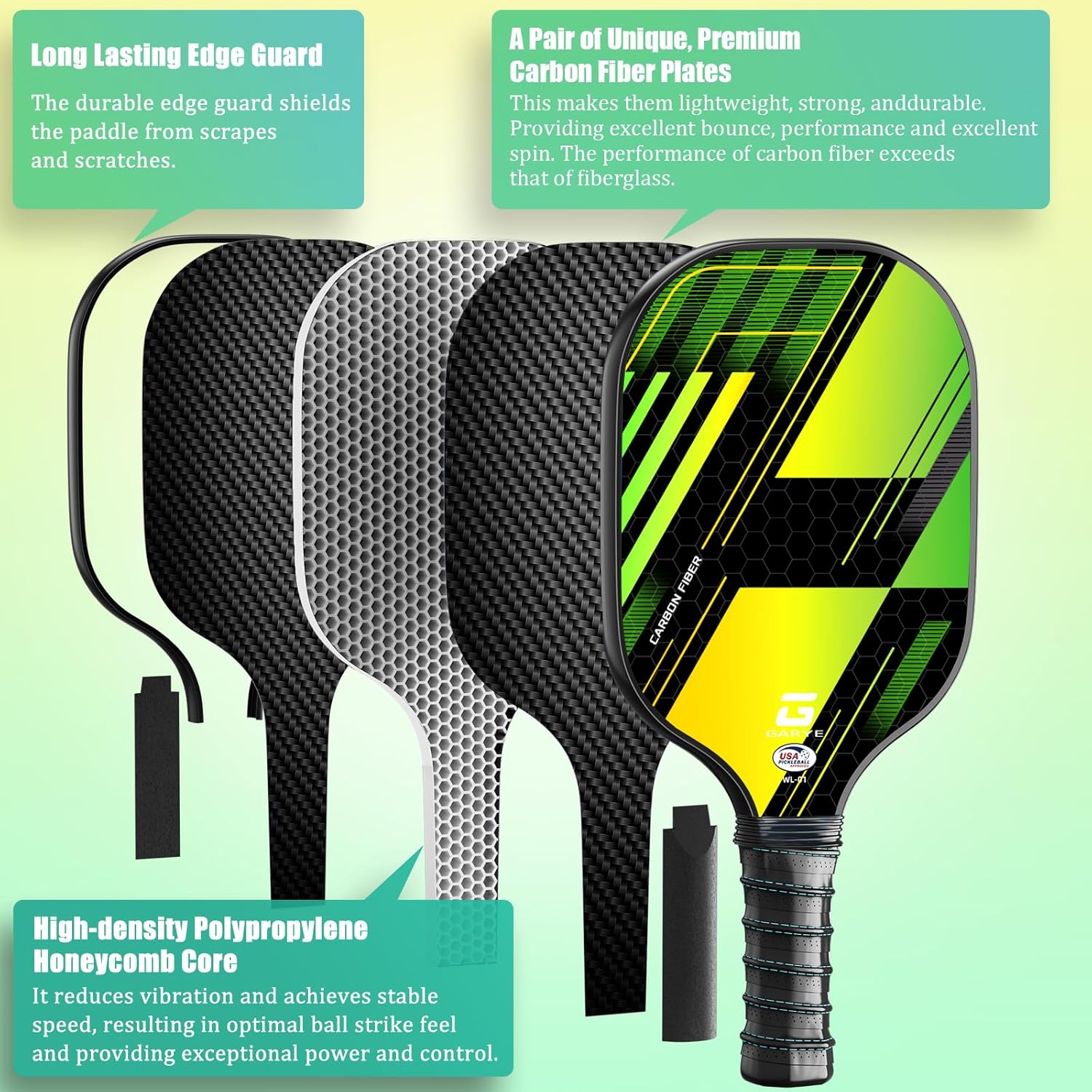 GARYE Pickleball Paddles Set of 2, USAPA Approved Carbon Fiber Pickleball Set, Lightweight Pickle Ball Rackets 2 Pack with 6 Balls, 1 Bag, Pair of Grip Tapes, Pickle Ball Paddle, Neon Flash