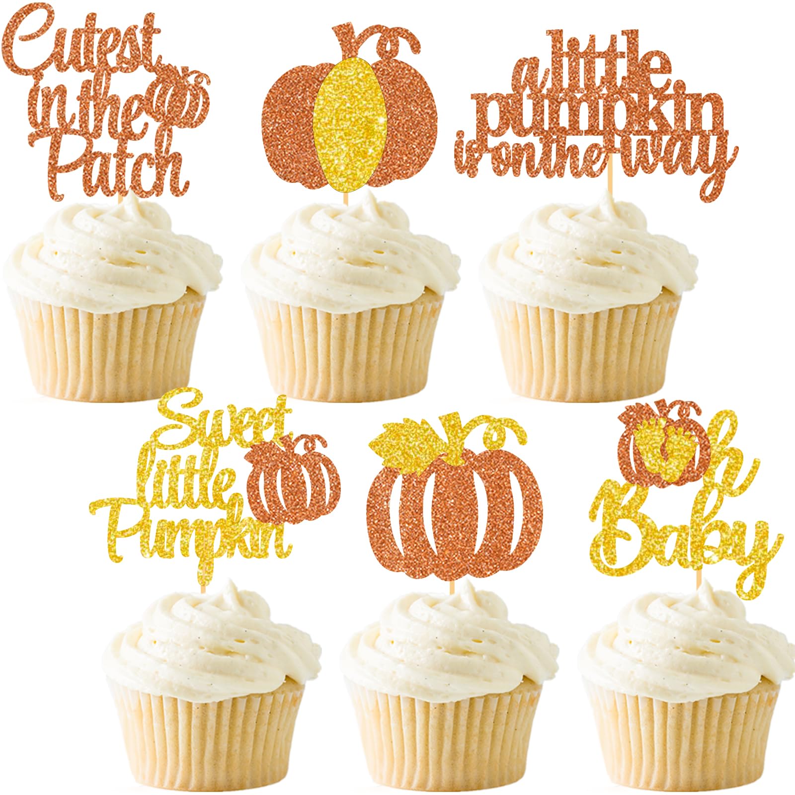 Orange Little Pumpkin Baby Shower Cupcake Toppers Fall Party Decoration Glitter Autumn Patch Food Picks Gender Reveal Ideas