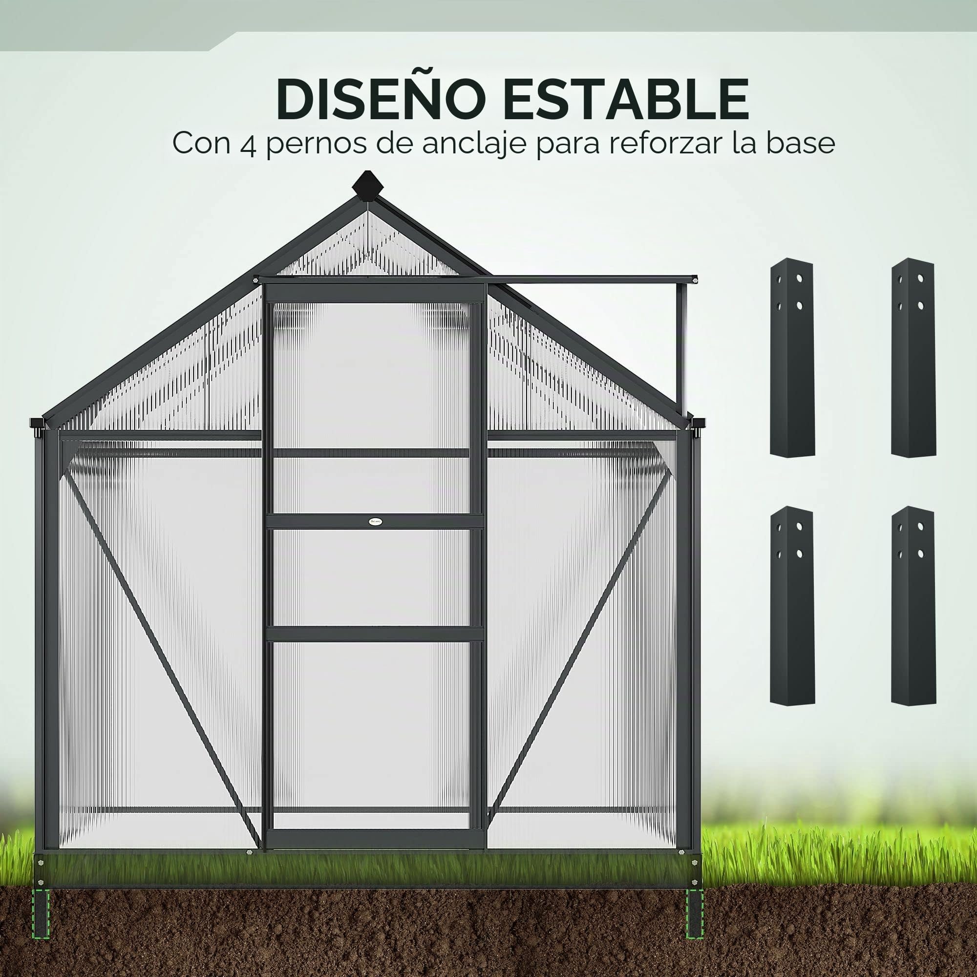 Outsunny Invernadero de jardín en policarbonato 2,51 m² Invernadero de jardín de aluminio resistente a los rayos UV 190 x 132 x 201 cm, con base reforzada, canalón, lucernario y puerta corredera, Gris