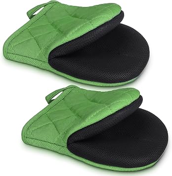 1 Pair Short Oven Mitts - Silicone Kitchen Oven Gloves High Heat Resistant 500F, Mini Oven Mits with Non-Slip Grip Surfaces and Hanging Loop for BBQ, Baking, Cooking and Grilling Green