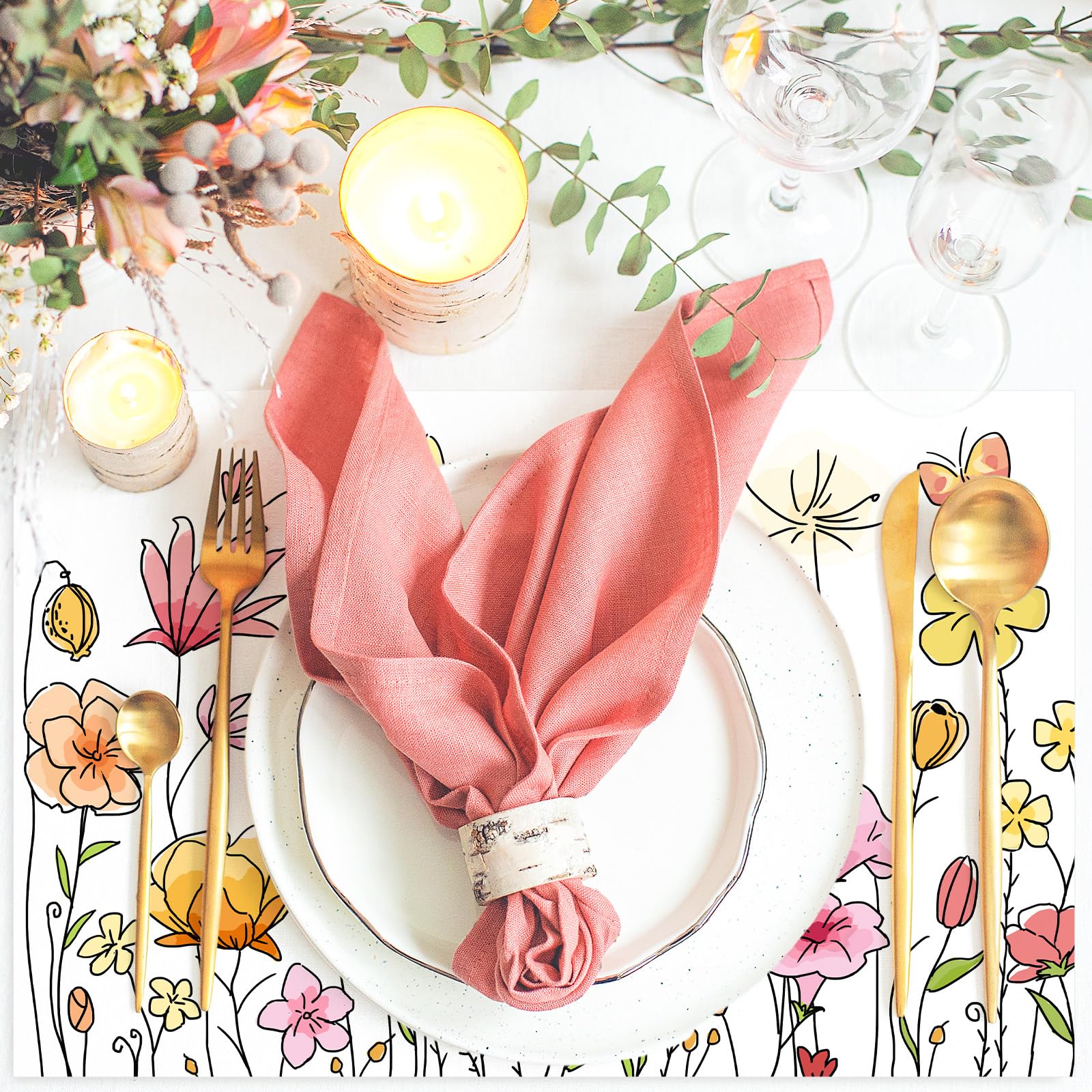 AnyDesign 50 Pack Floral Paper Place Mats Disposable Vintage Wild Flower Placemat 11 X 17 Inch Flower Butterfly Decorative Paper Table Mats For Kitchen Dinner Table Setting Party Supplies