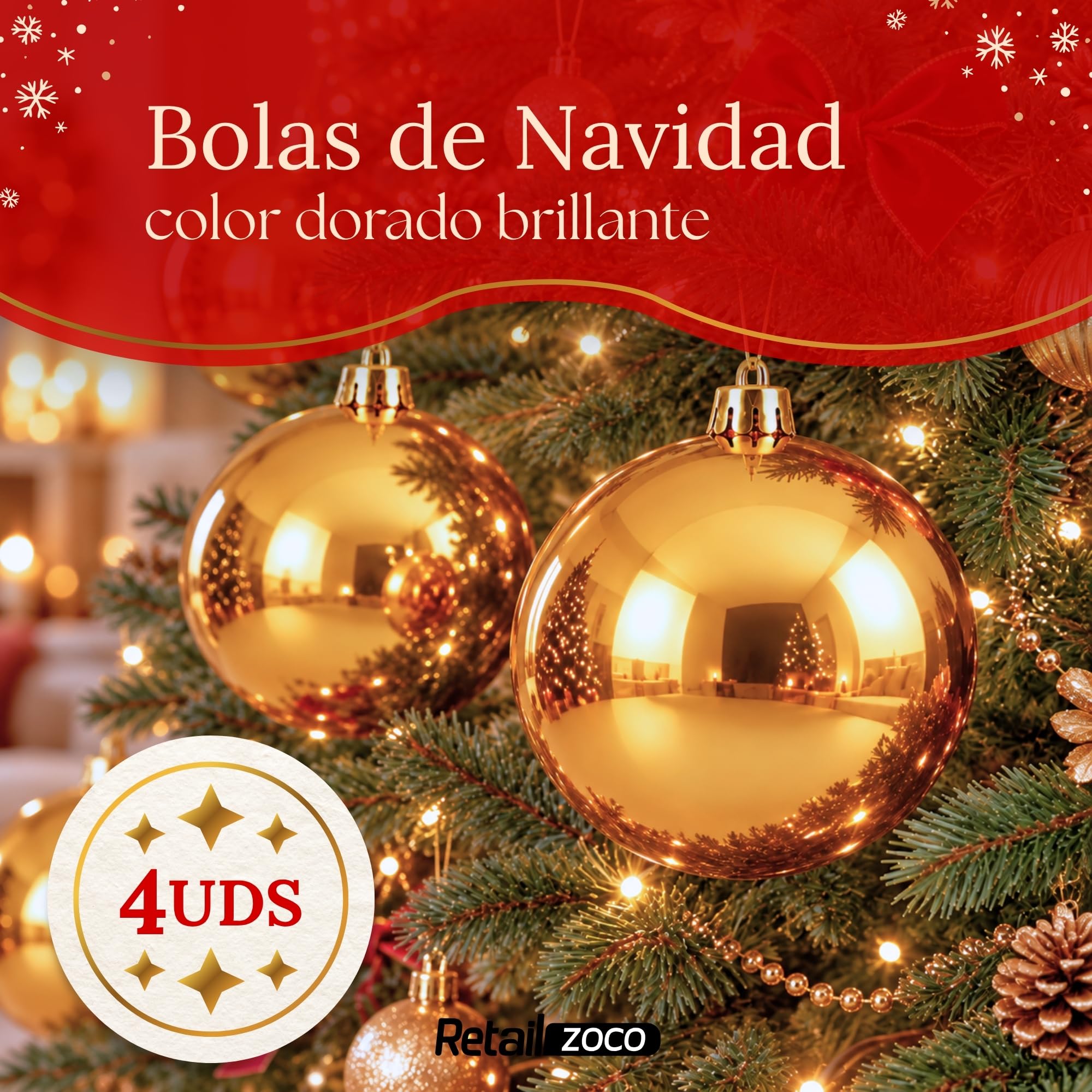 Bolas de Navidad, Adornos Arbol Navidad, 4 Piezas, Dorado - imagen 2