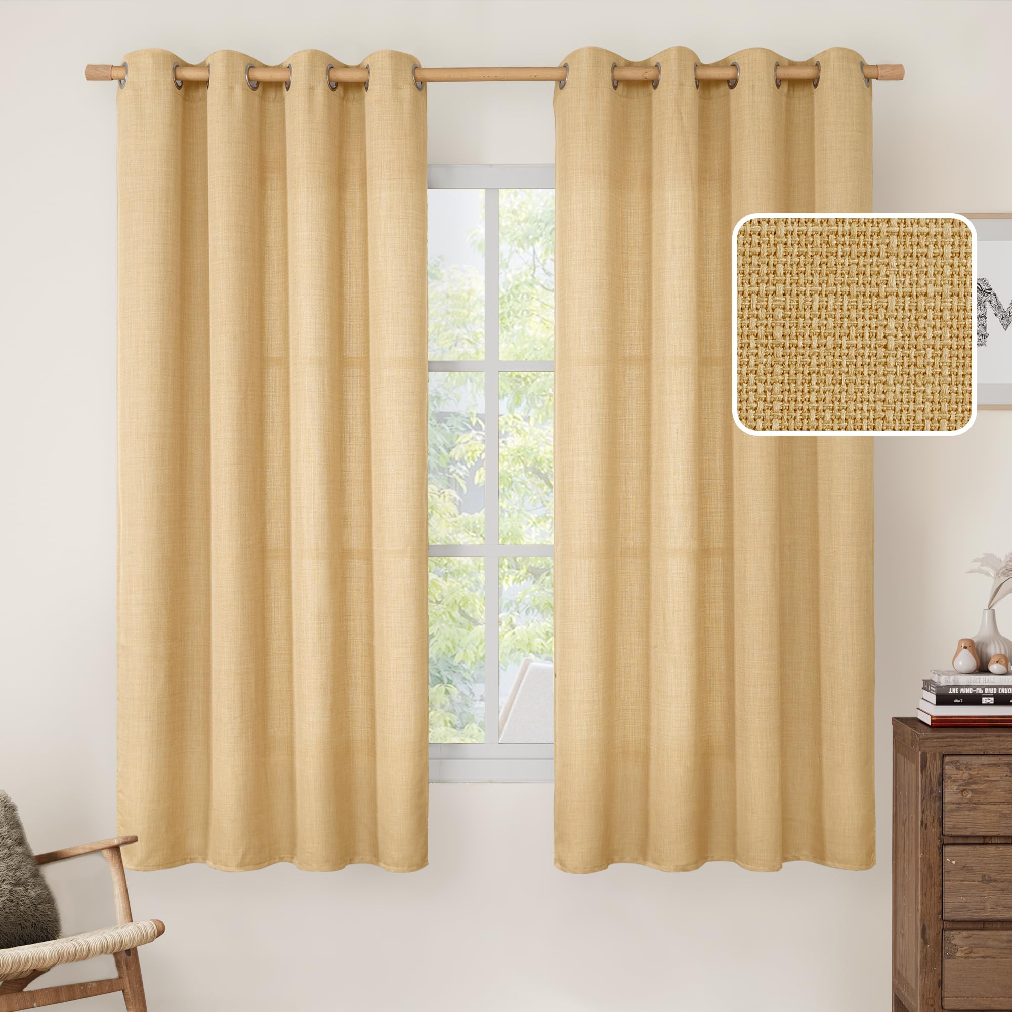 LAMIT Light Filtering Faux Linen Curtains for Bedroom, Caramel Brown