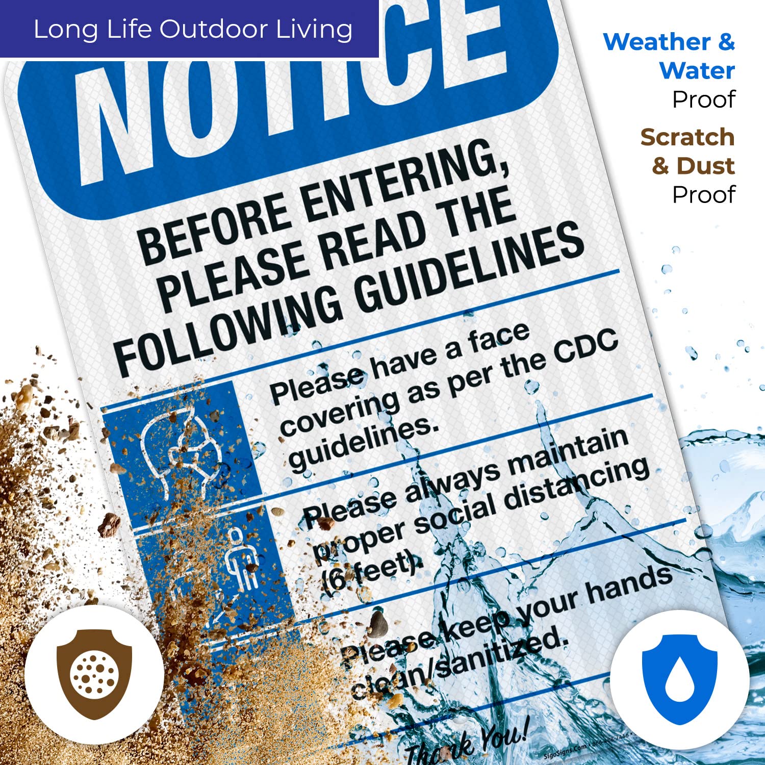 Social Distancing Sign, Cover Your Face, 6 Feet, Wash Your Hands, 12x18 Inches, 3M EGP Reflective .063 Aluminum, Fade Resistant, Easy Mounting, Indoor/Outdoor Use, Made in USA